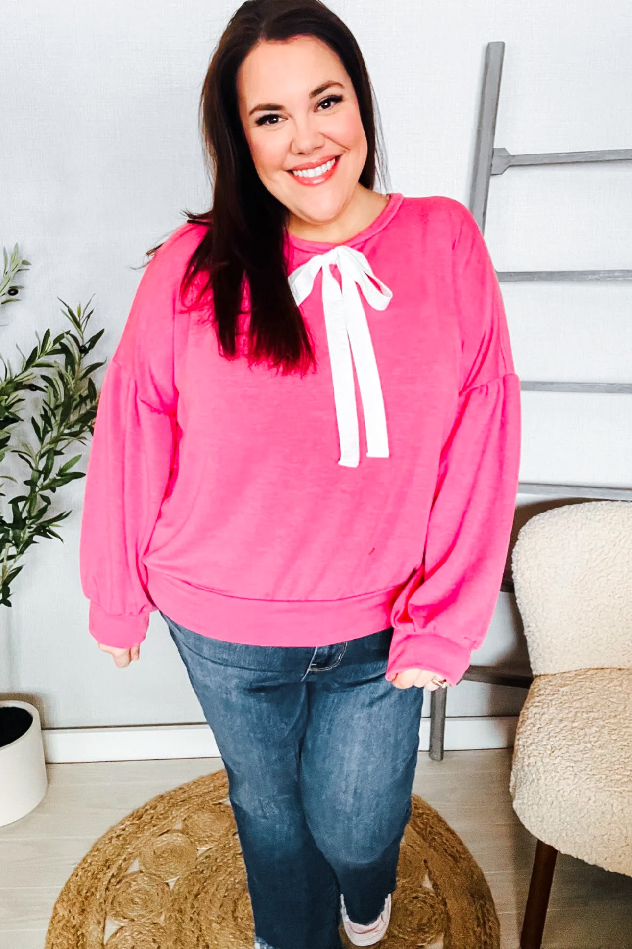 In Her Vision French Terry Bow Tie Drop Shoulder Pullover