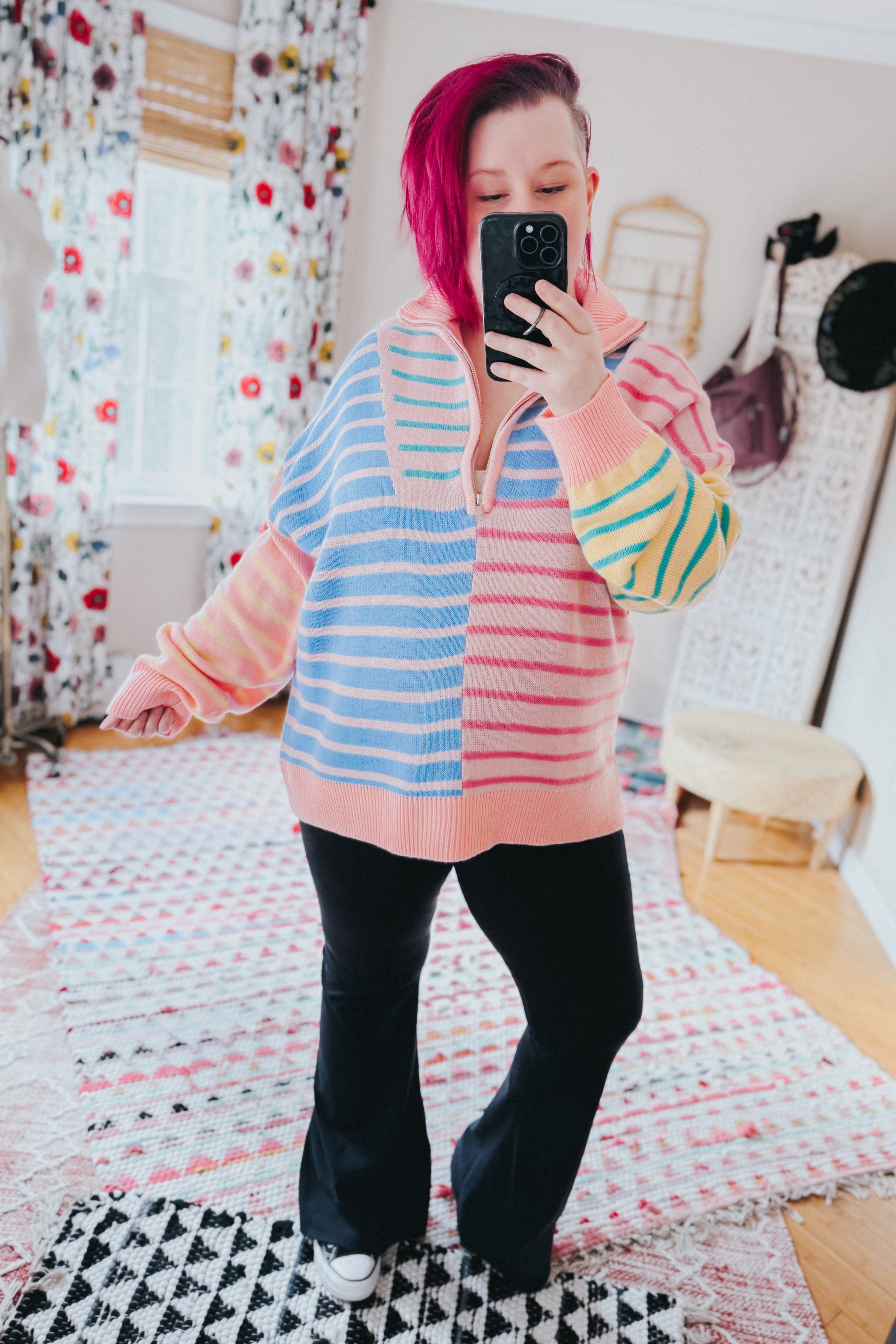 Off The Path Striped Half Zip Up Sweater