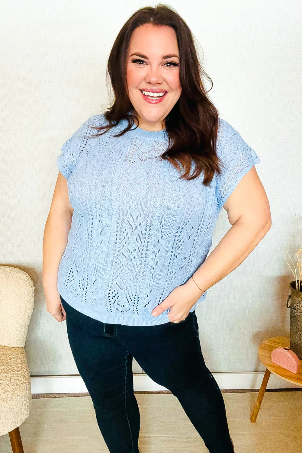 The Perfect Find Short Sleeve Crochet Sweater Top • Sky Blue