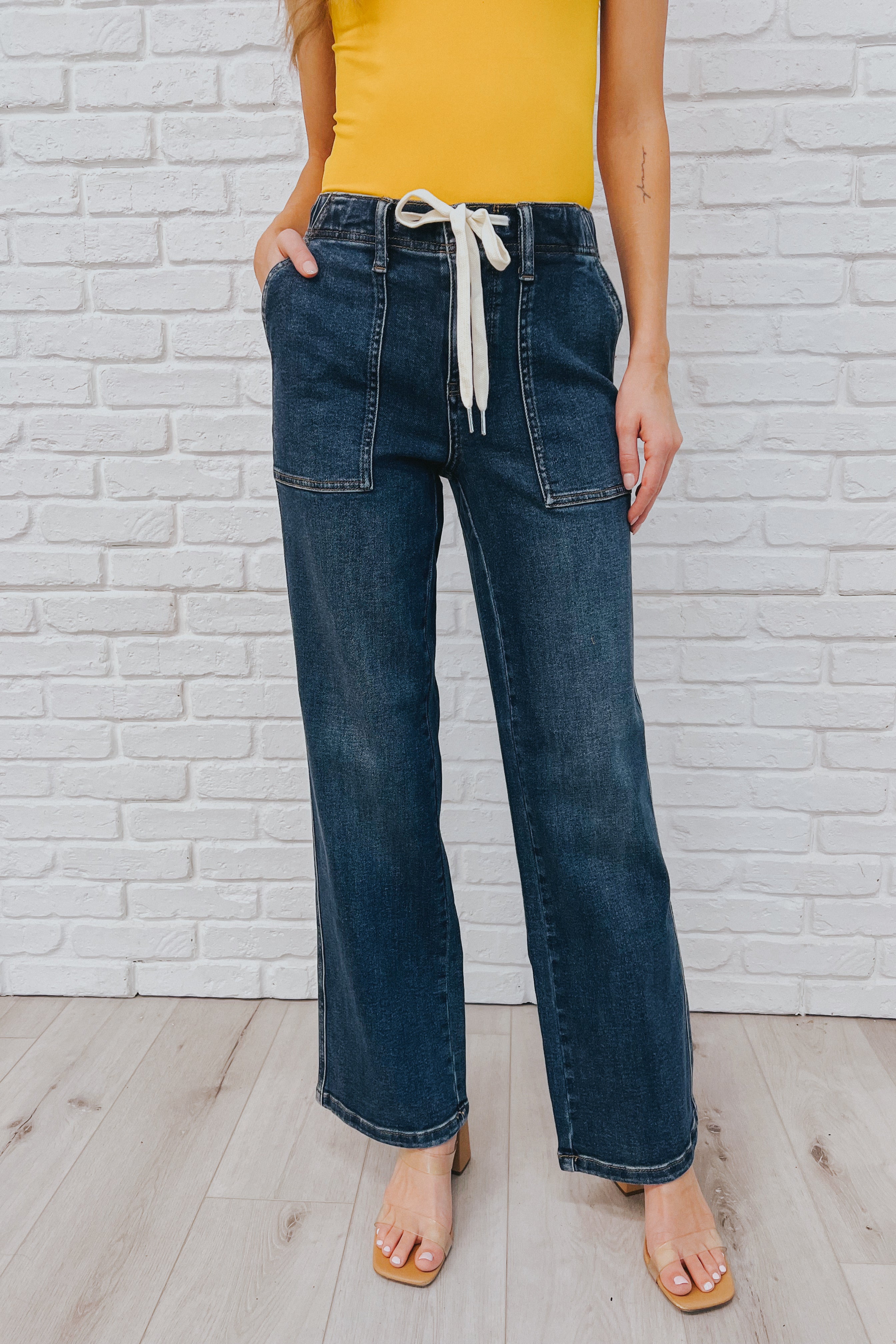 Melanie High Rise Drawstring Wide Leg Jeans