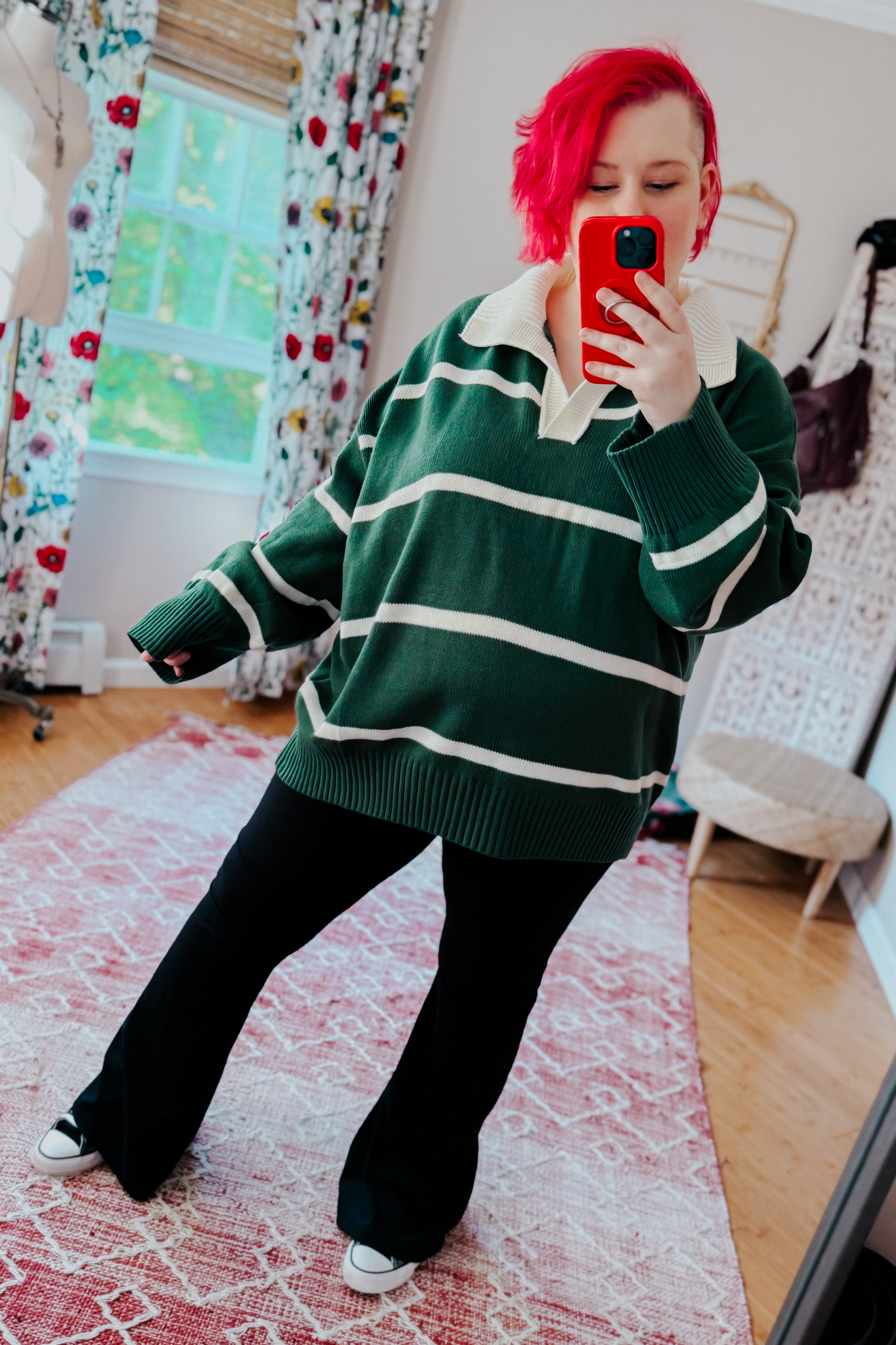 Makes You Wonder Striped Collared Sweater • Green