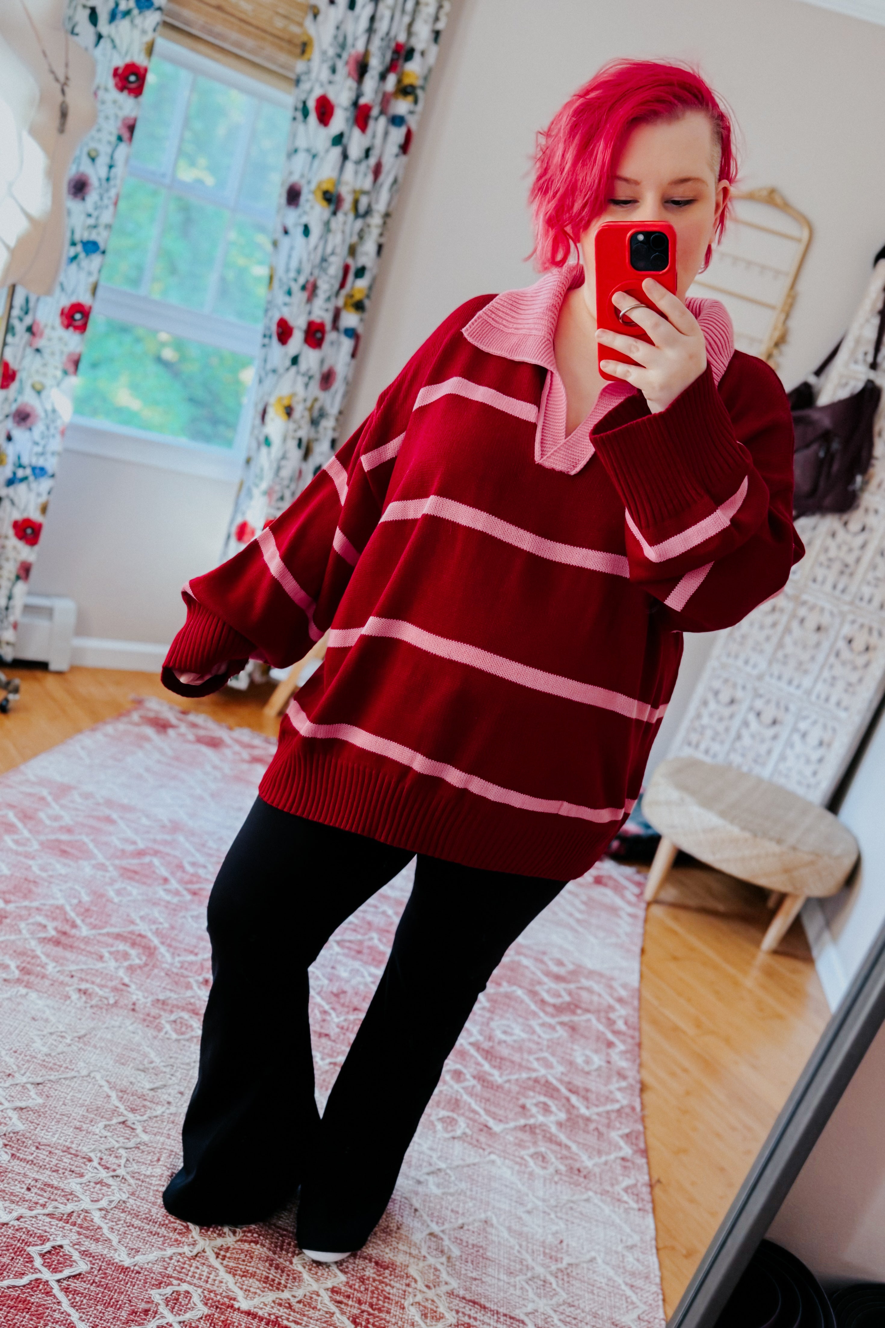 Makes You Wonder Striped Collared Sweater • Crimson