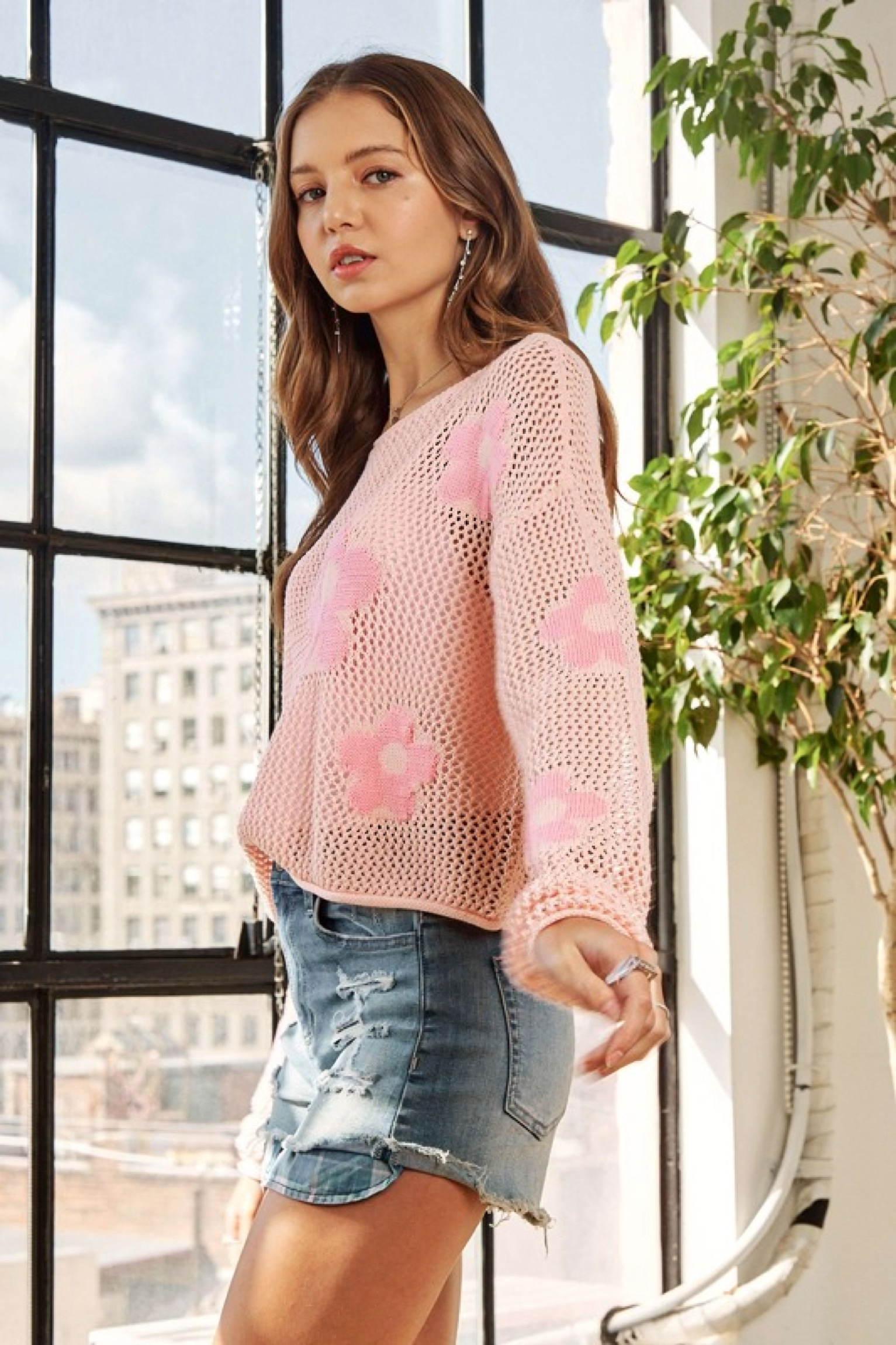 Sweet Bloom Floral Mesh Sweater Top • Blush