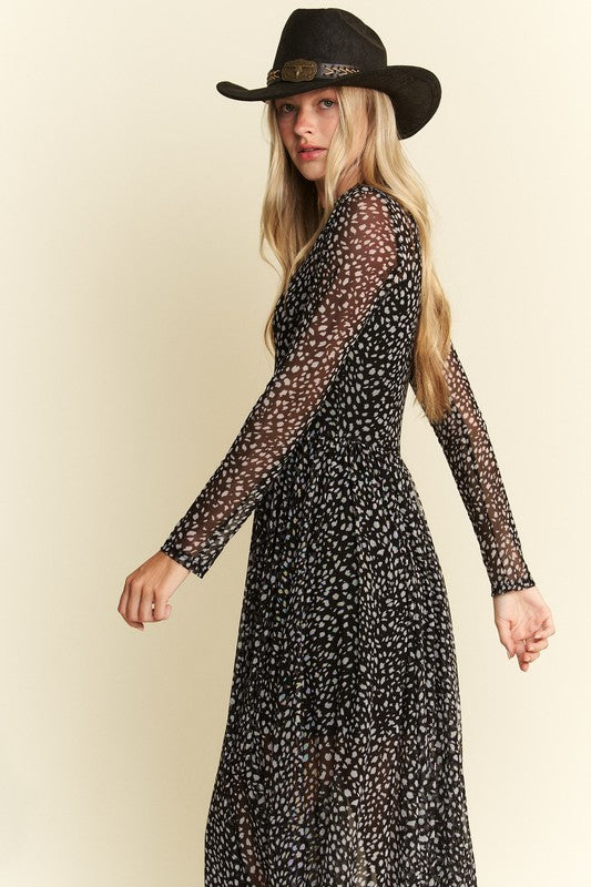 Hendrix Long Sleeve Animal Print Mesh Maxi Dress