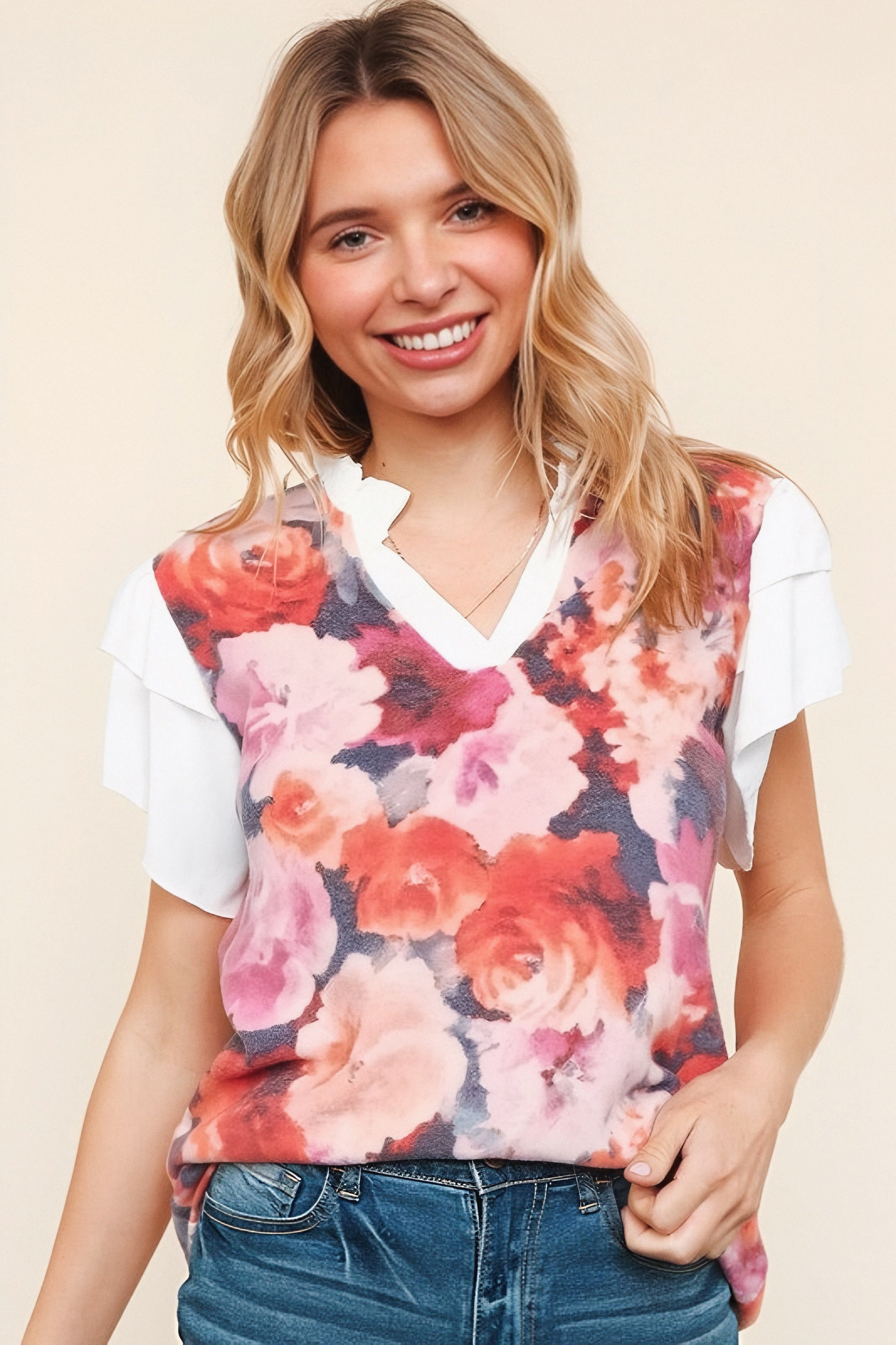 Come On Girl Floral Short Ruffle Sleeve Blouse