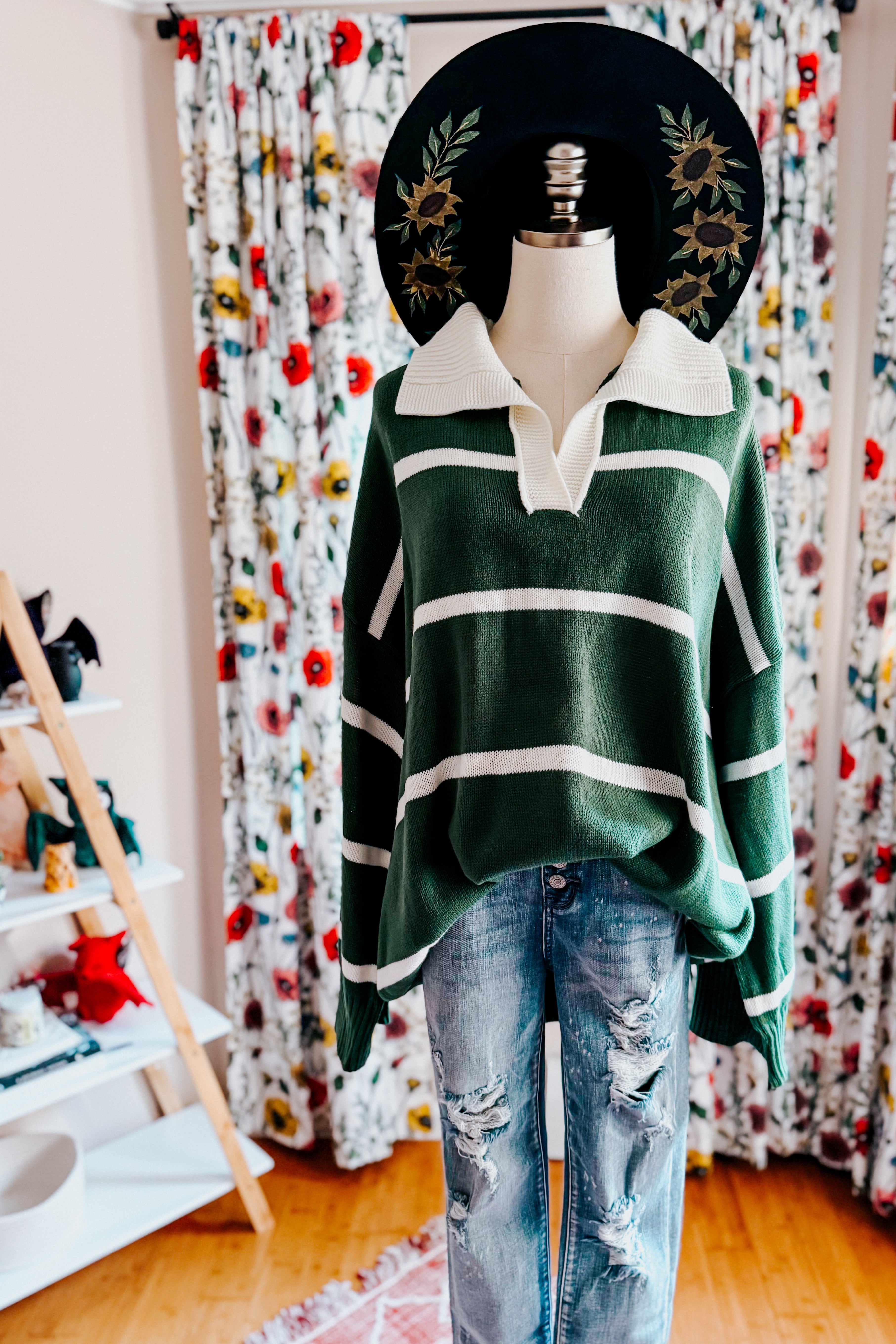 Makes You Wonder Striped Collared Sweater • Green