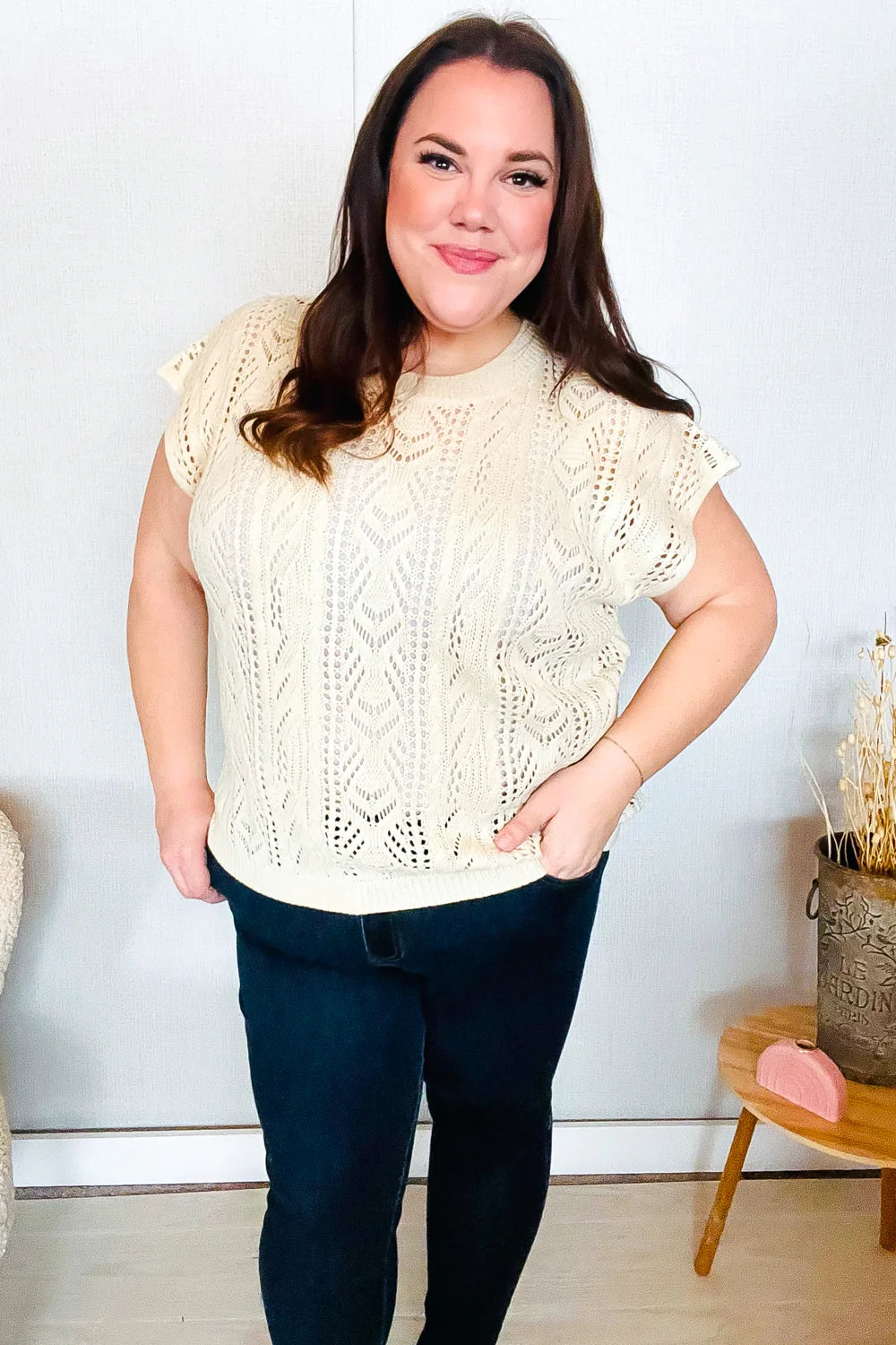 The Perfect Find Short Sleeve Crochet Sweater Top • Beige