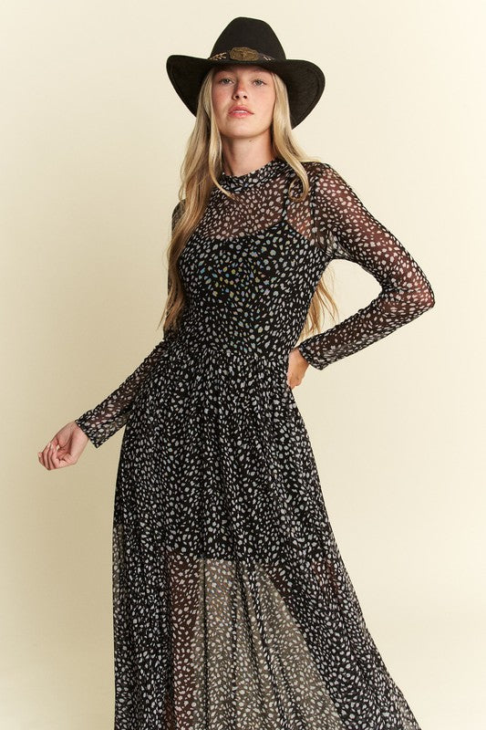 Hendrix Long Sleeve Animal Print Mesh Maxi Dress