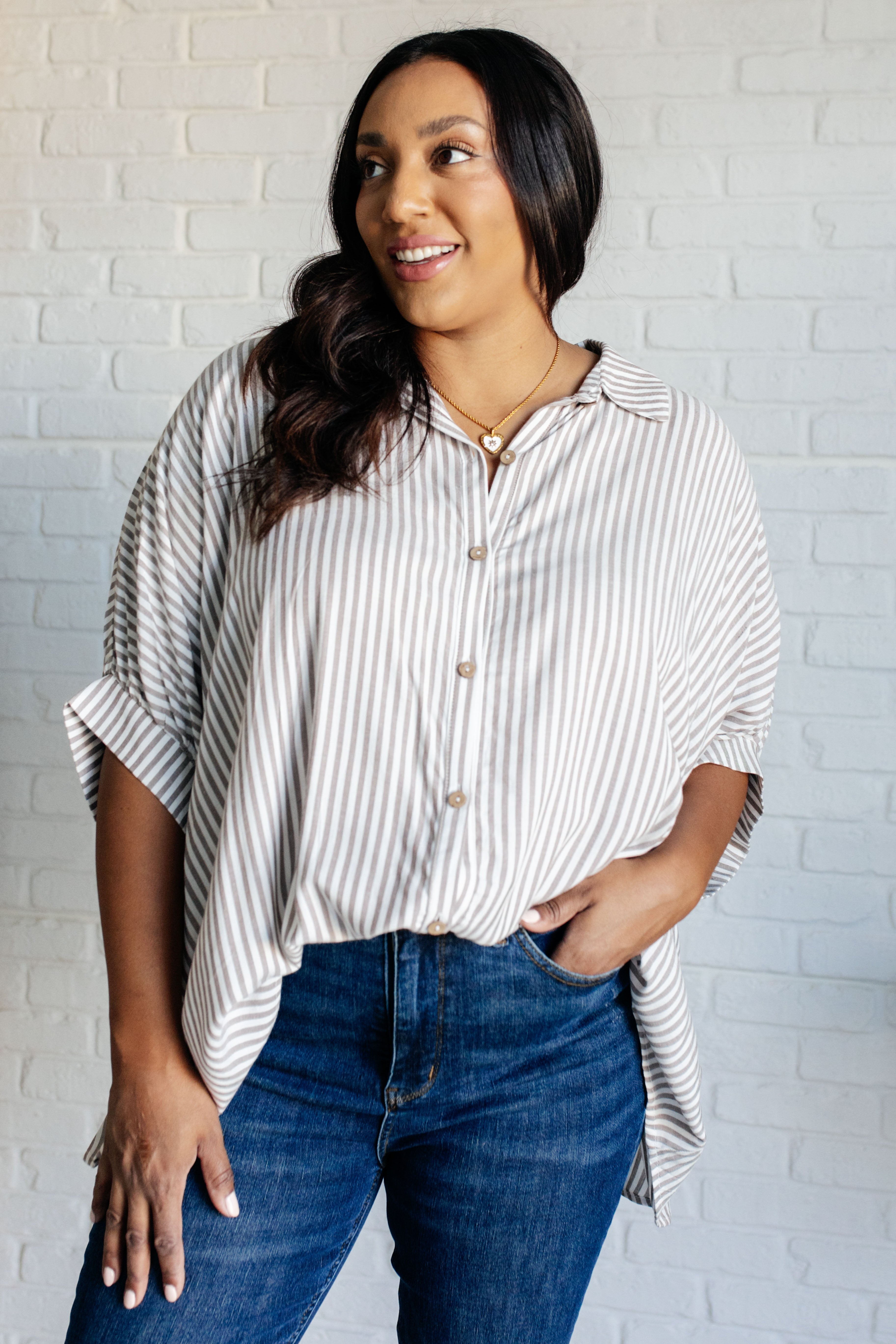 Boxy Striped Button Up • Mocha