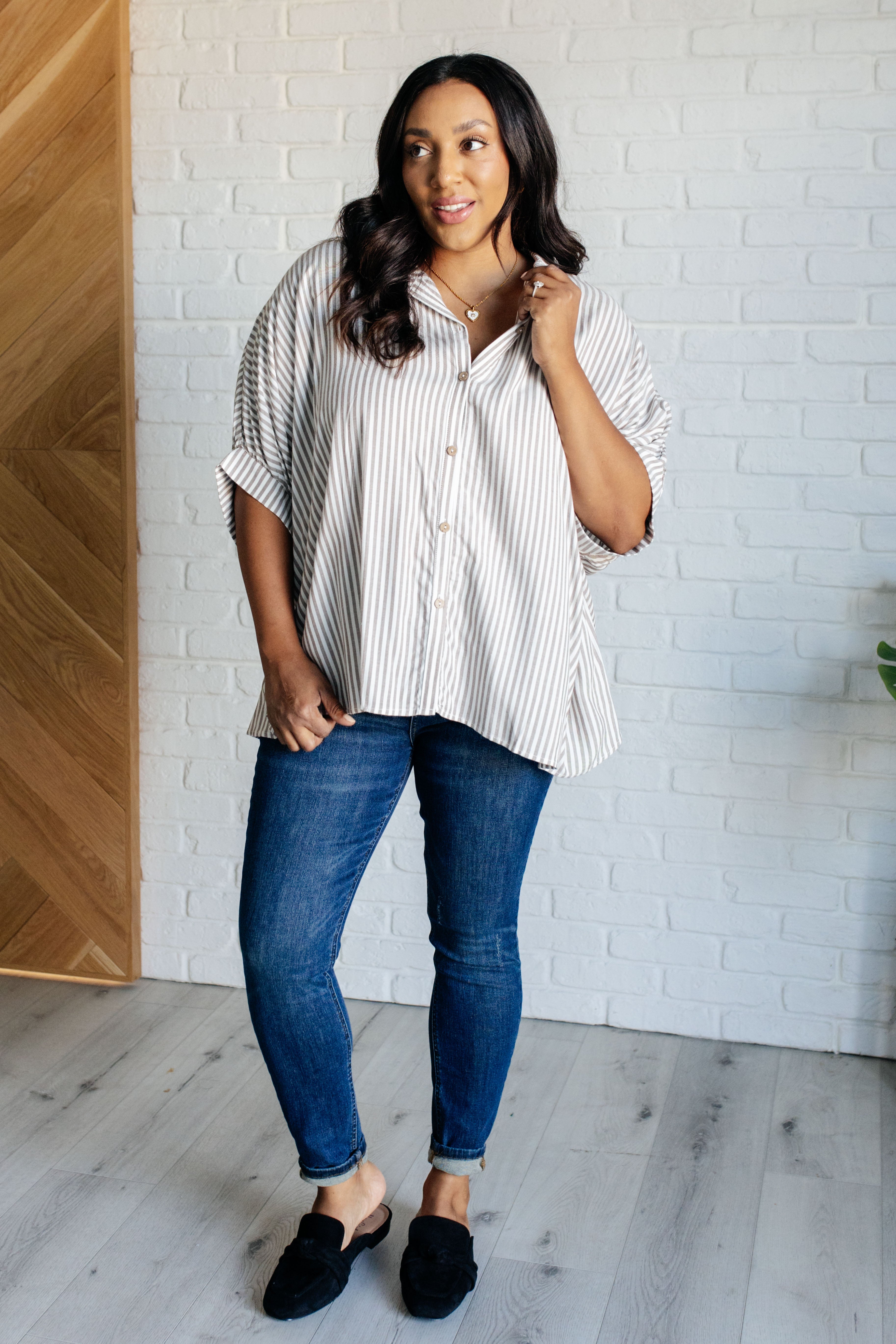 Boxy Striped Button Up • Mocha