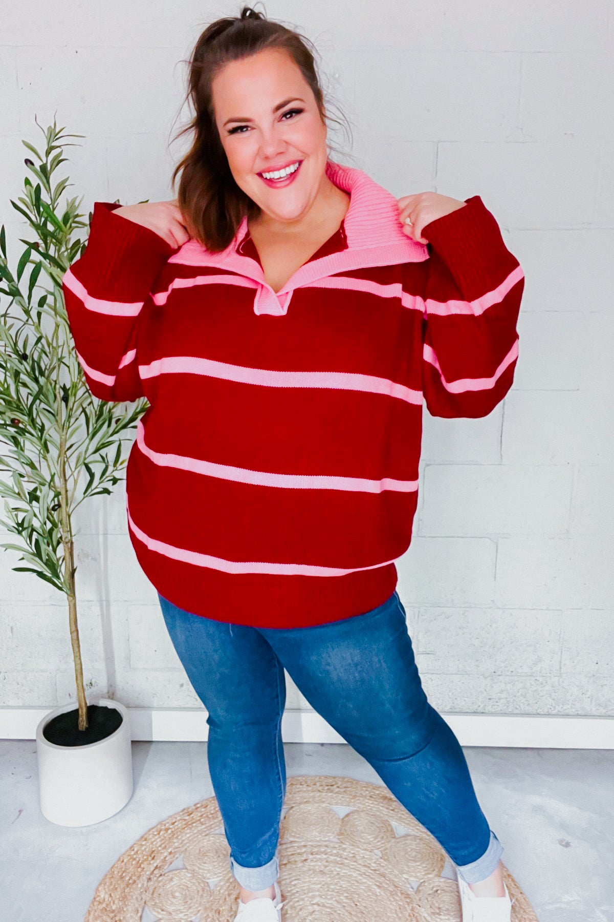 Makes You Wonder Striped Collared Sweater • Crimson