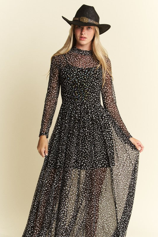 Hendrix Long Sleeve Animal Print Mesh Maxi Dress