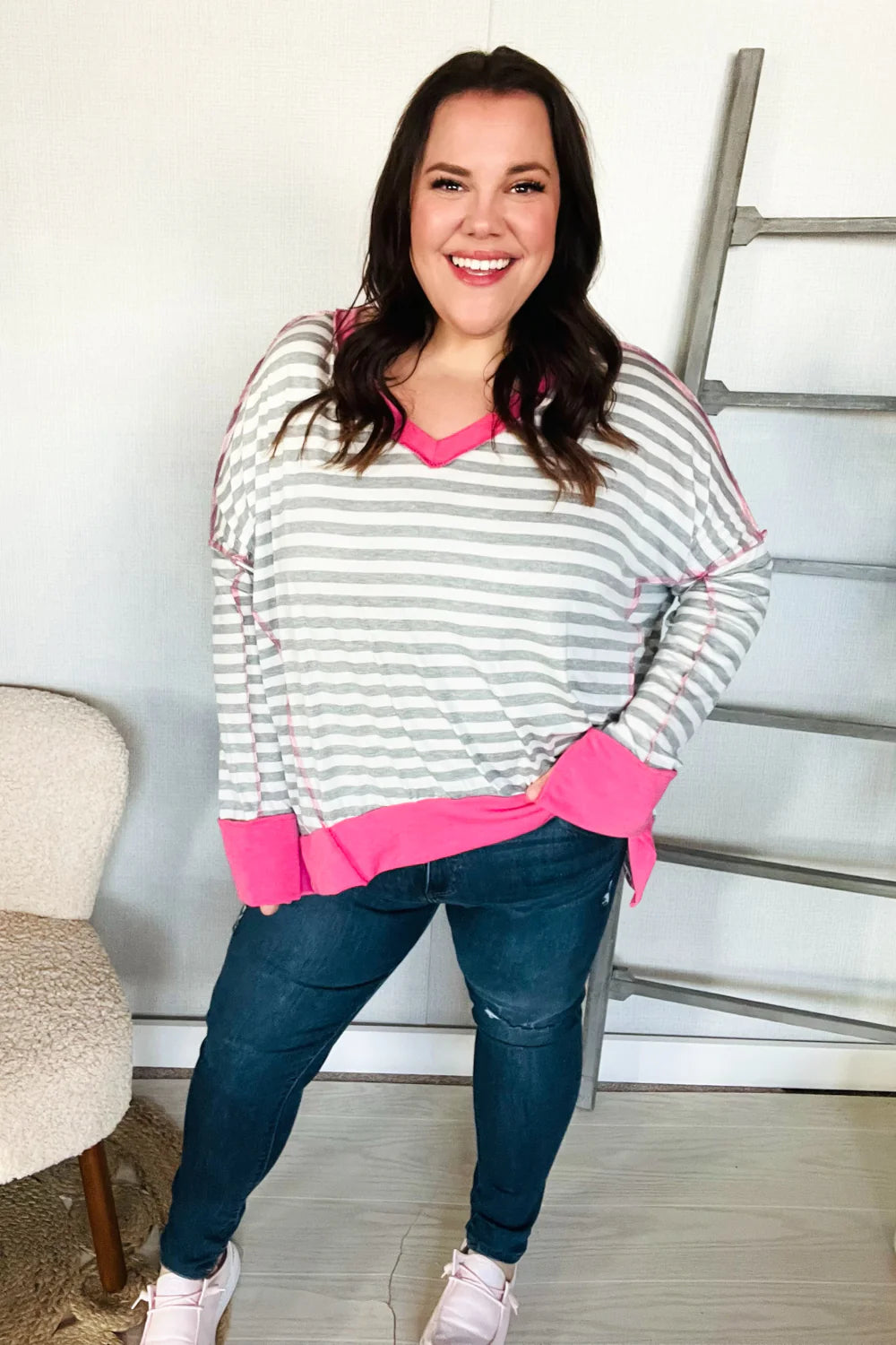 First Kiss Striped Hi-Lo Out Seam Stitch Pullover