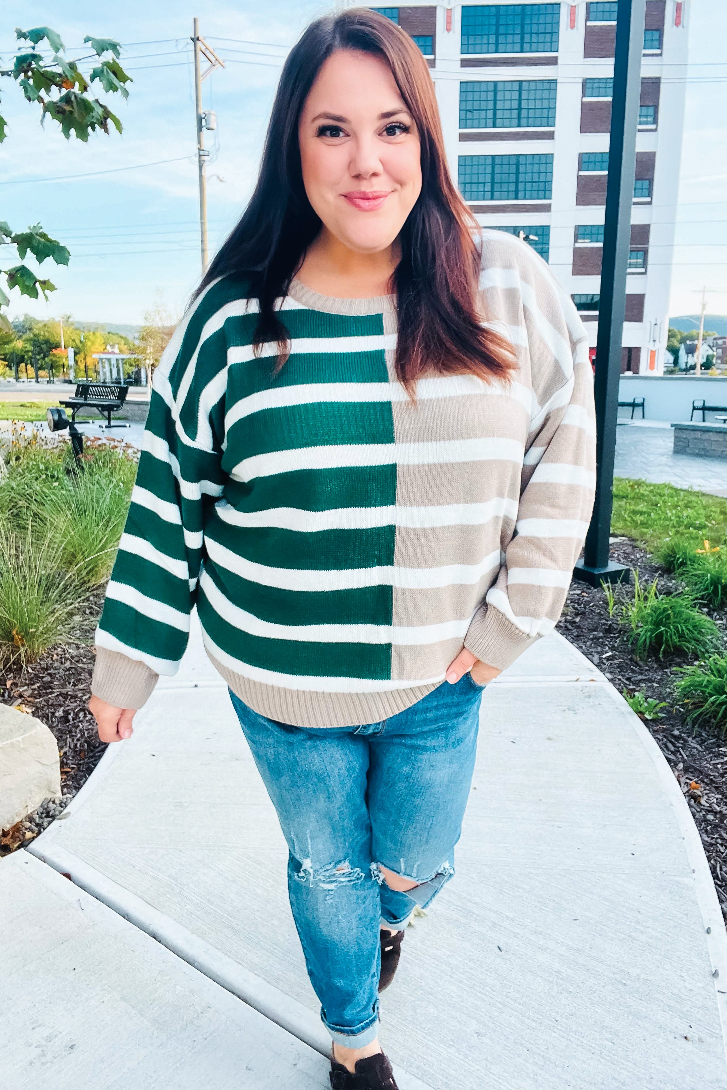 Most Wanted Striped Color Block Sweater • Green & Taupe