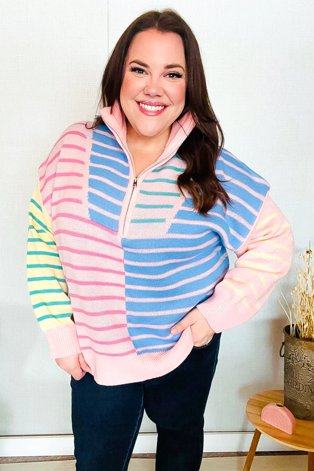 Off The Path Striped Half Zip Up Sweater