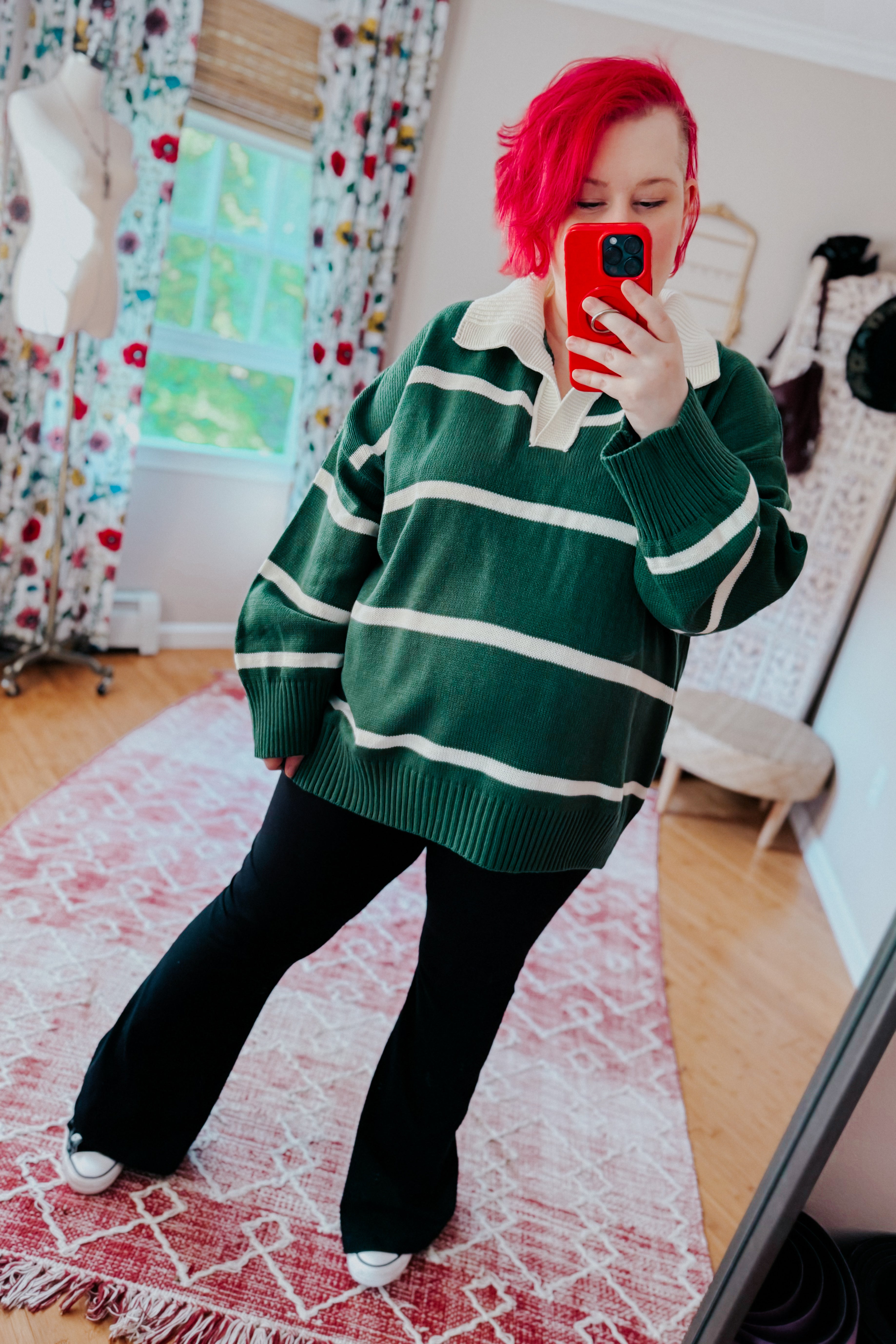 Makes You Wonder Striped Collared Sweater • Green