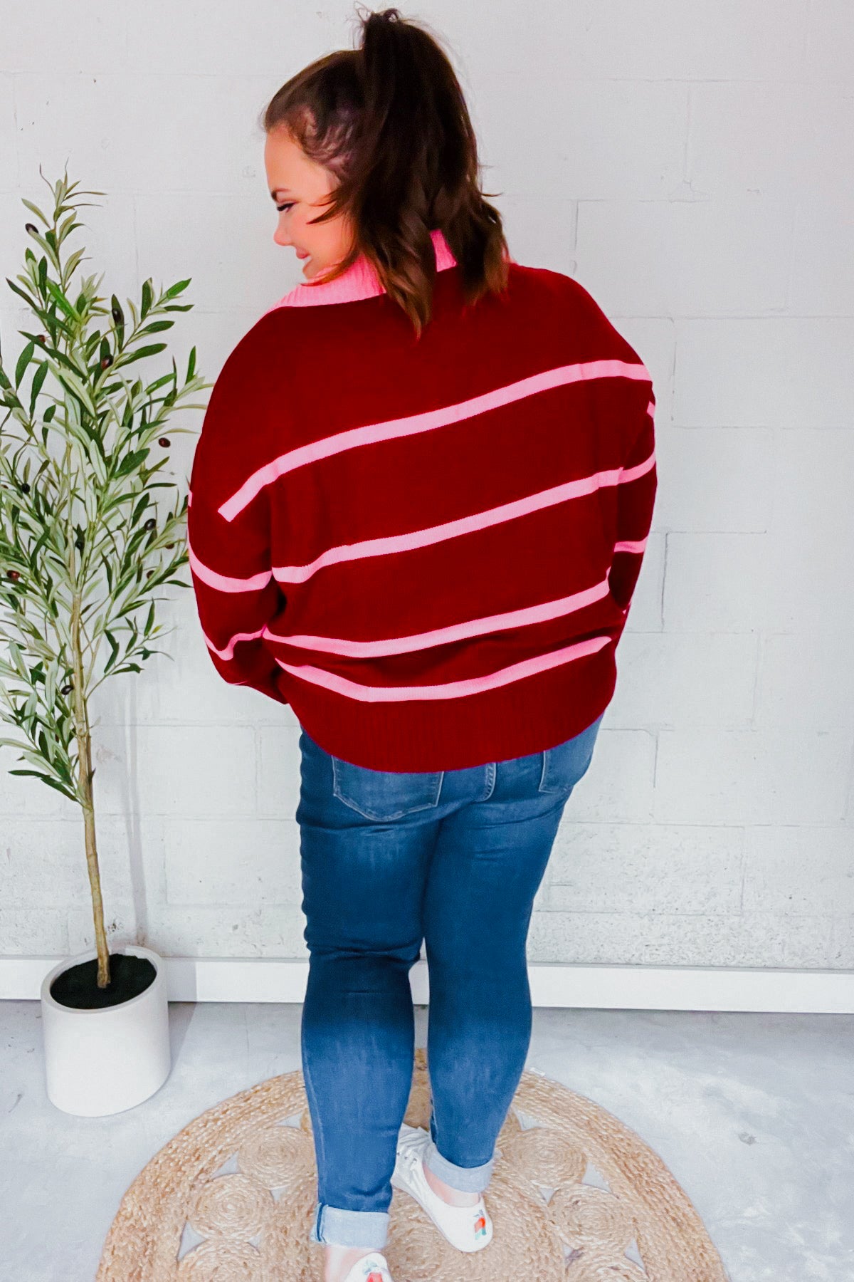 Makes You Wonder Striped Collared Sweater • Crimson