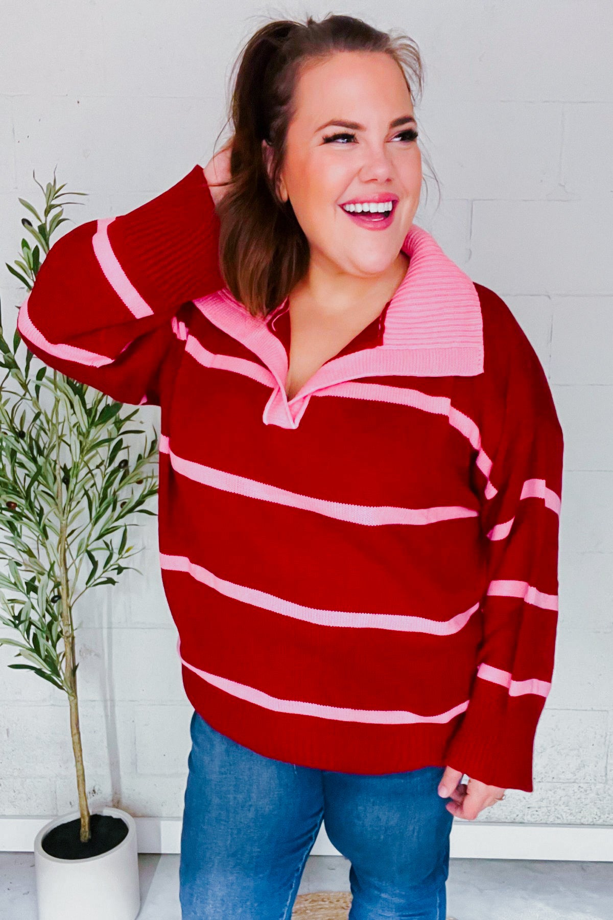 Makes You Wonder Striped Collared Sweater • Crimson