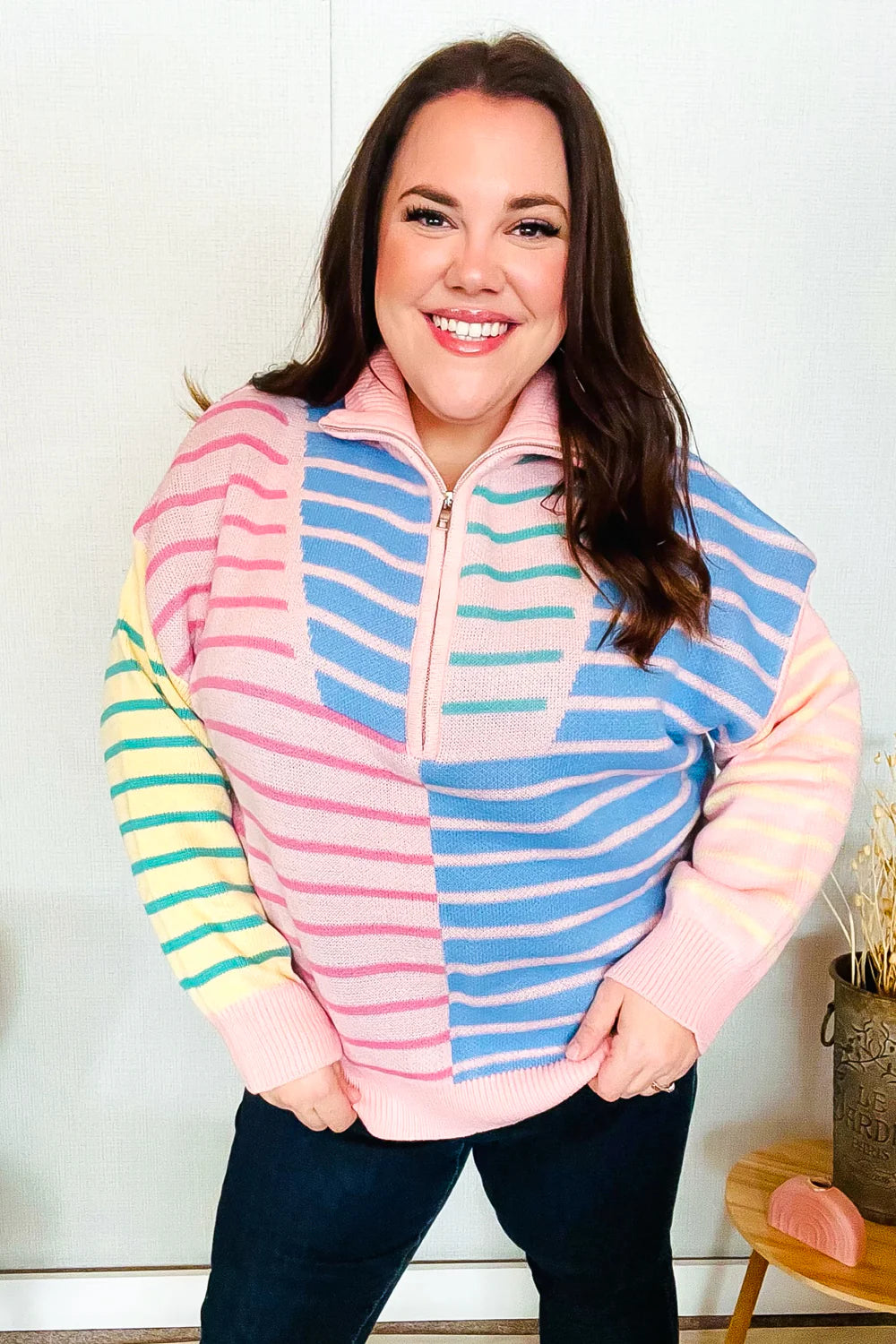 Off The Path Striped Half Zip Up Sweater