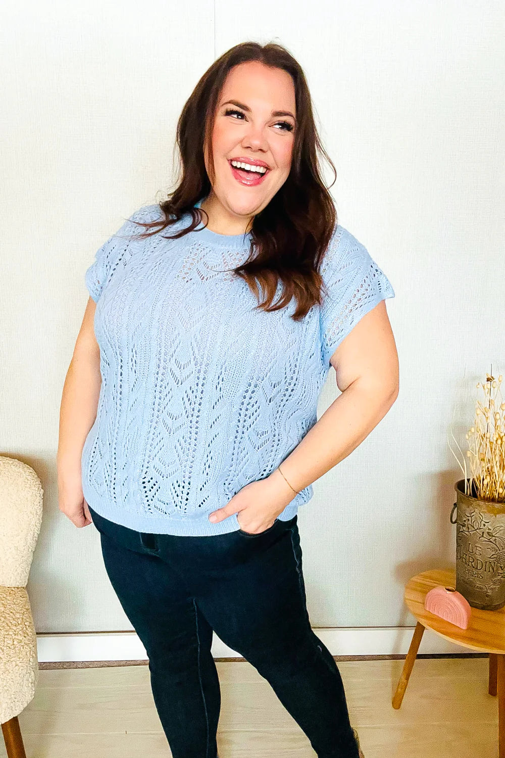 The Perfect Find Short Sleeve Crochet Sweater Top • Sky Blue