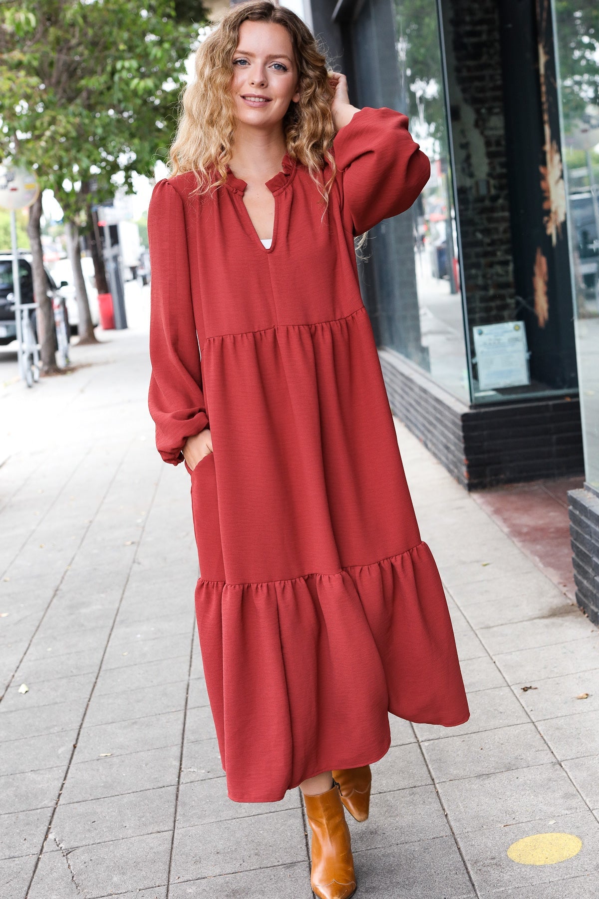 Love To Stay Frill Hem Tiered Maxi Dress • Red