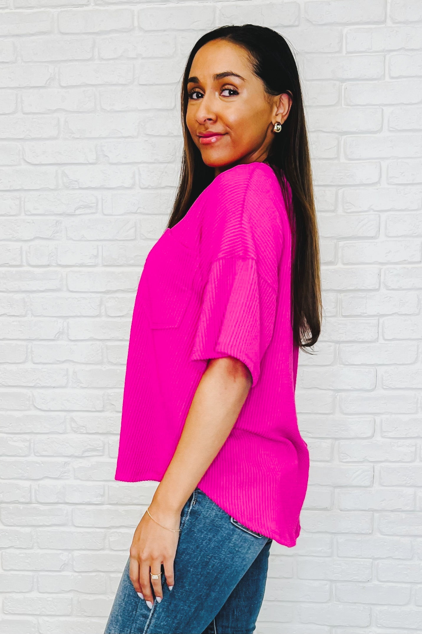 Just a Casual Girly V-Neck Basic Tee • Fuchsia