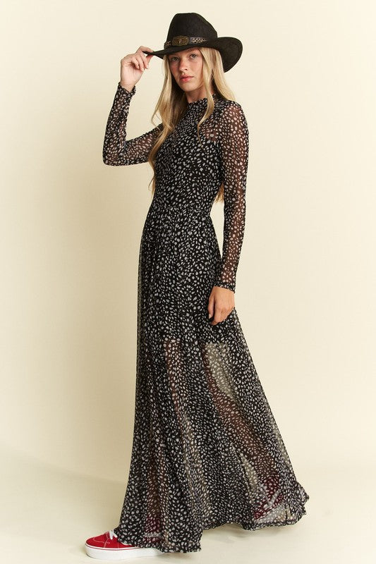 Hendrix Long Sleeve Animal Print Mesh Maxi Dress