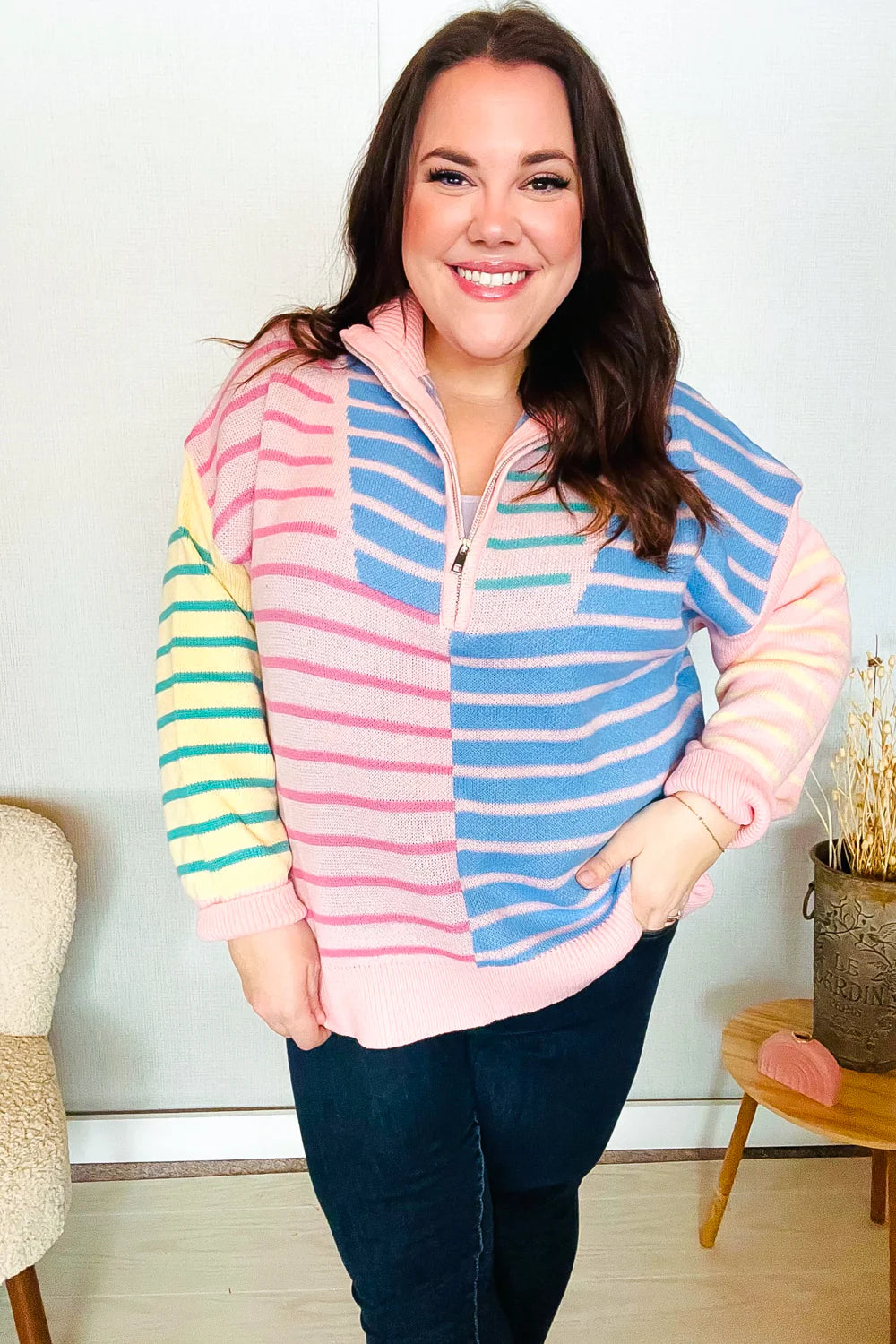 Off The Path Striped Half Zip Up Sweater