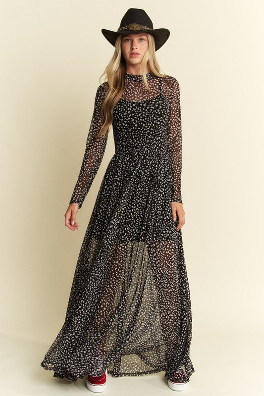 Hendrix Long Sleeve Animal Print Mesh Maxi Dress