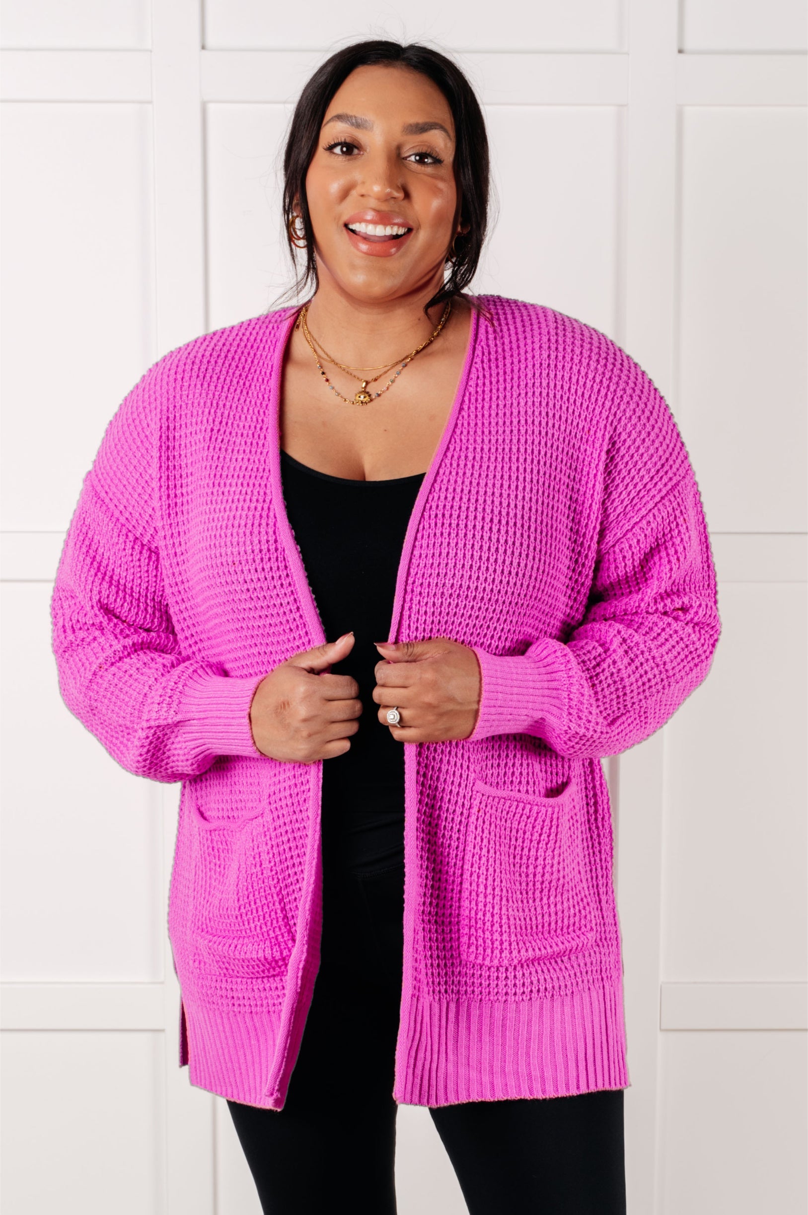 Everything Layer Waffle Knit Open Front Cardigan • Bright Mauve