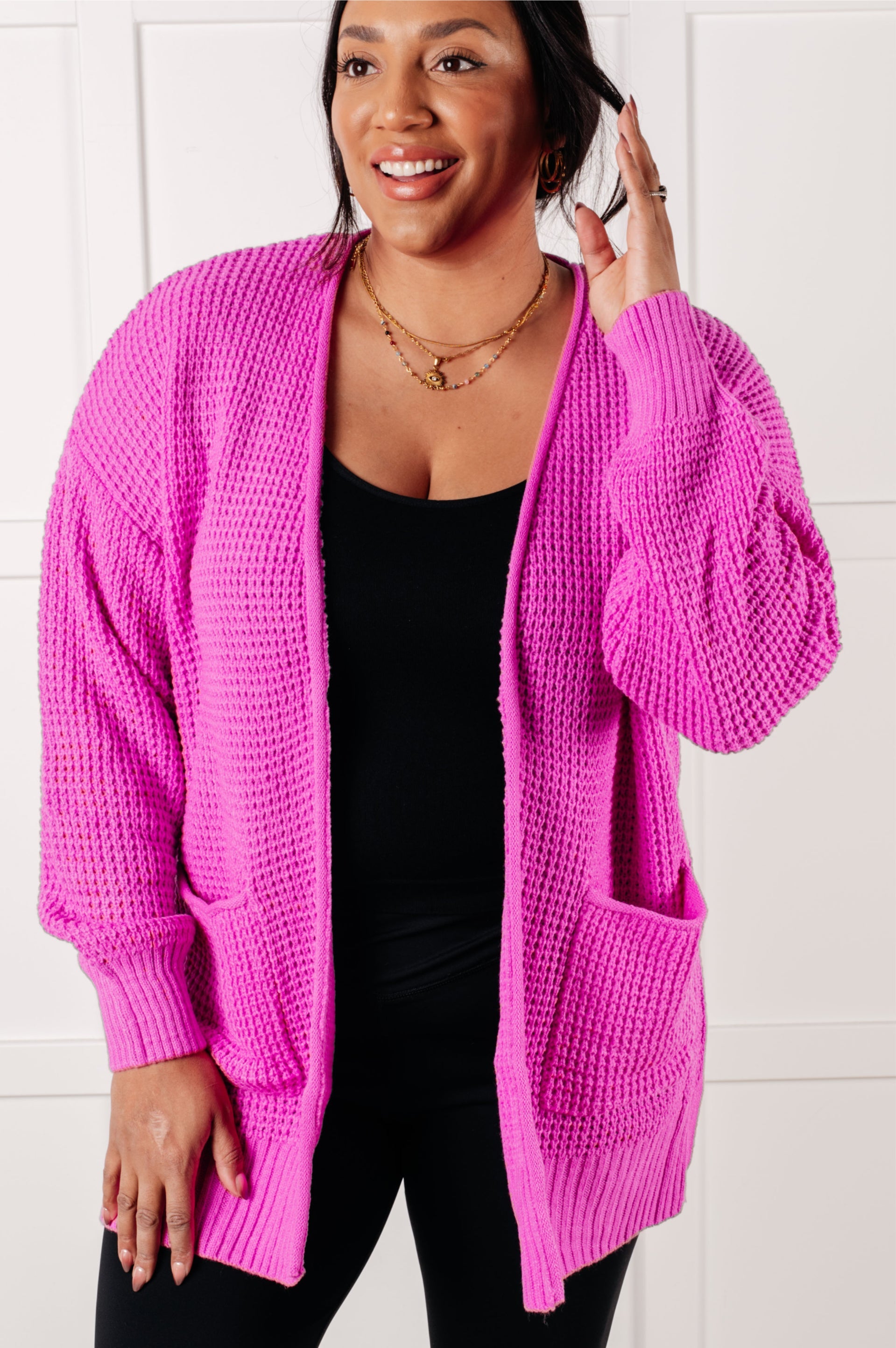 Everything Layer Waffle Knit Open Front Cardigan • Bright Mauve