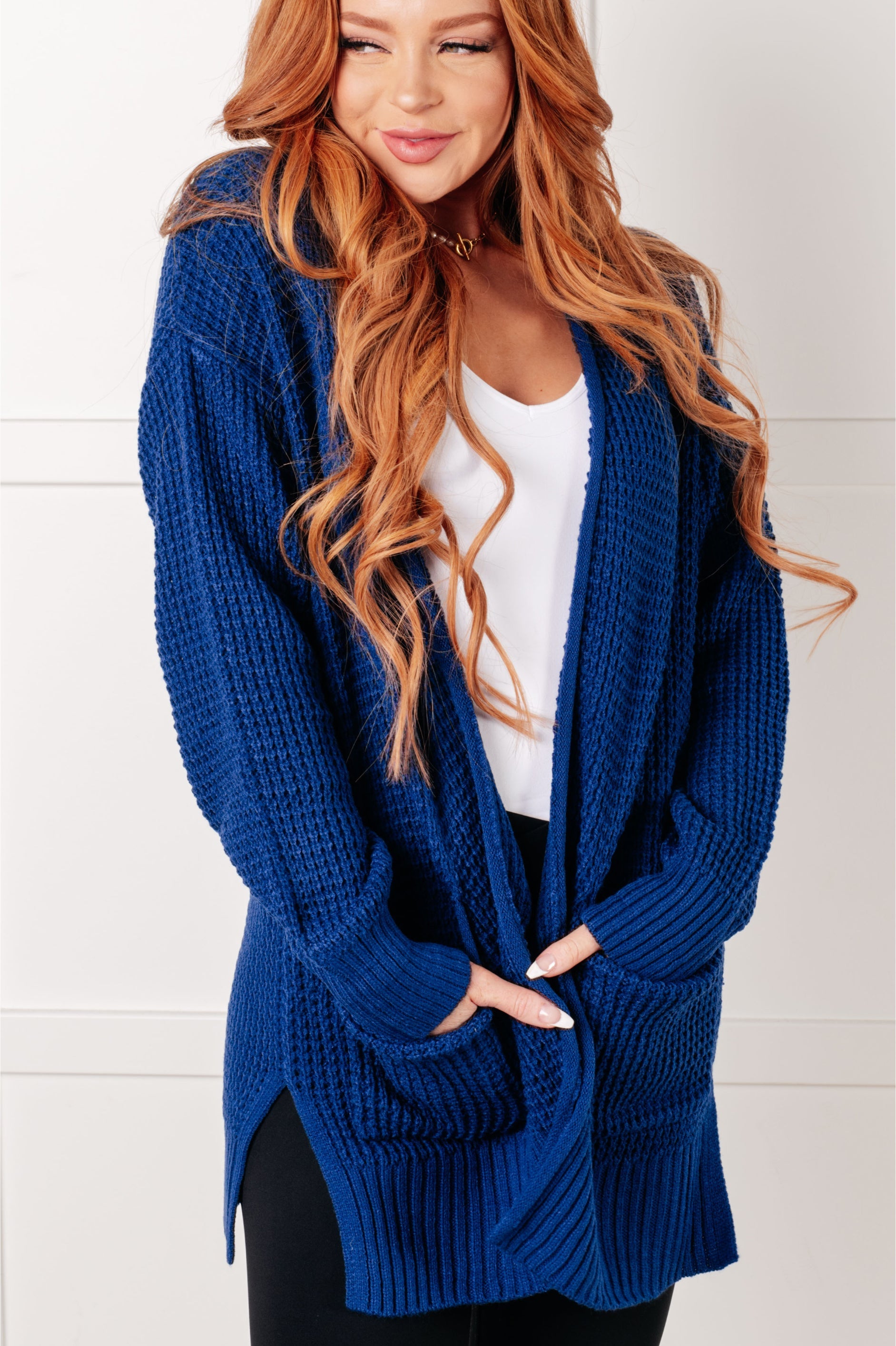 Everything Layer Waffle Knit Open Front Cardigan • Light Navy