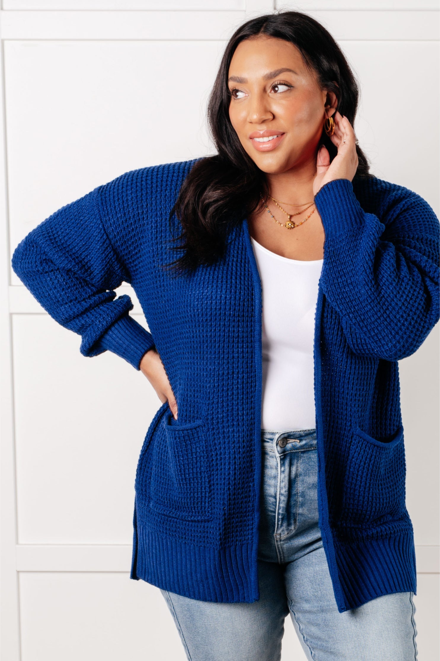 Everything Layer Waffle Knit Open Front Cardigan • Light Navy