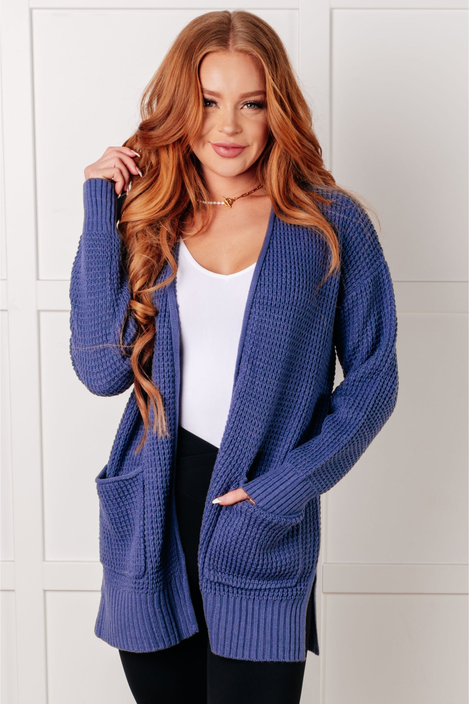 Everything Layer Waffle Knit Open Front Cardigan • Dusty Blue