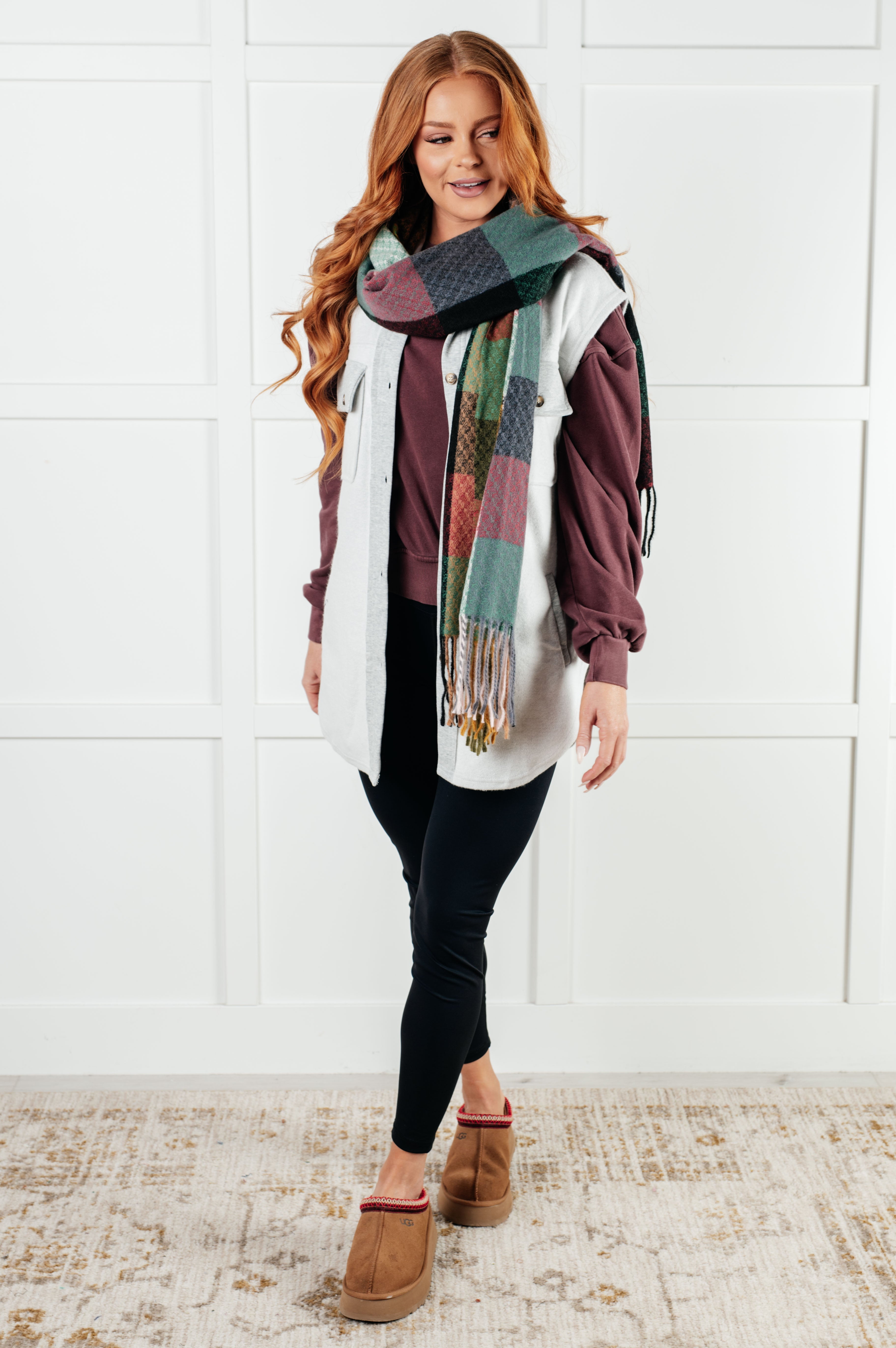 Keep Me Cozy Checkered Fringe Scarf • Berry