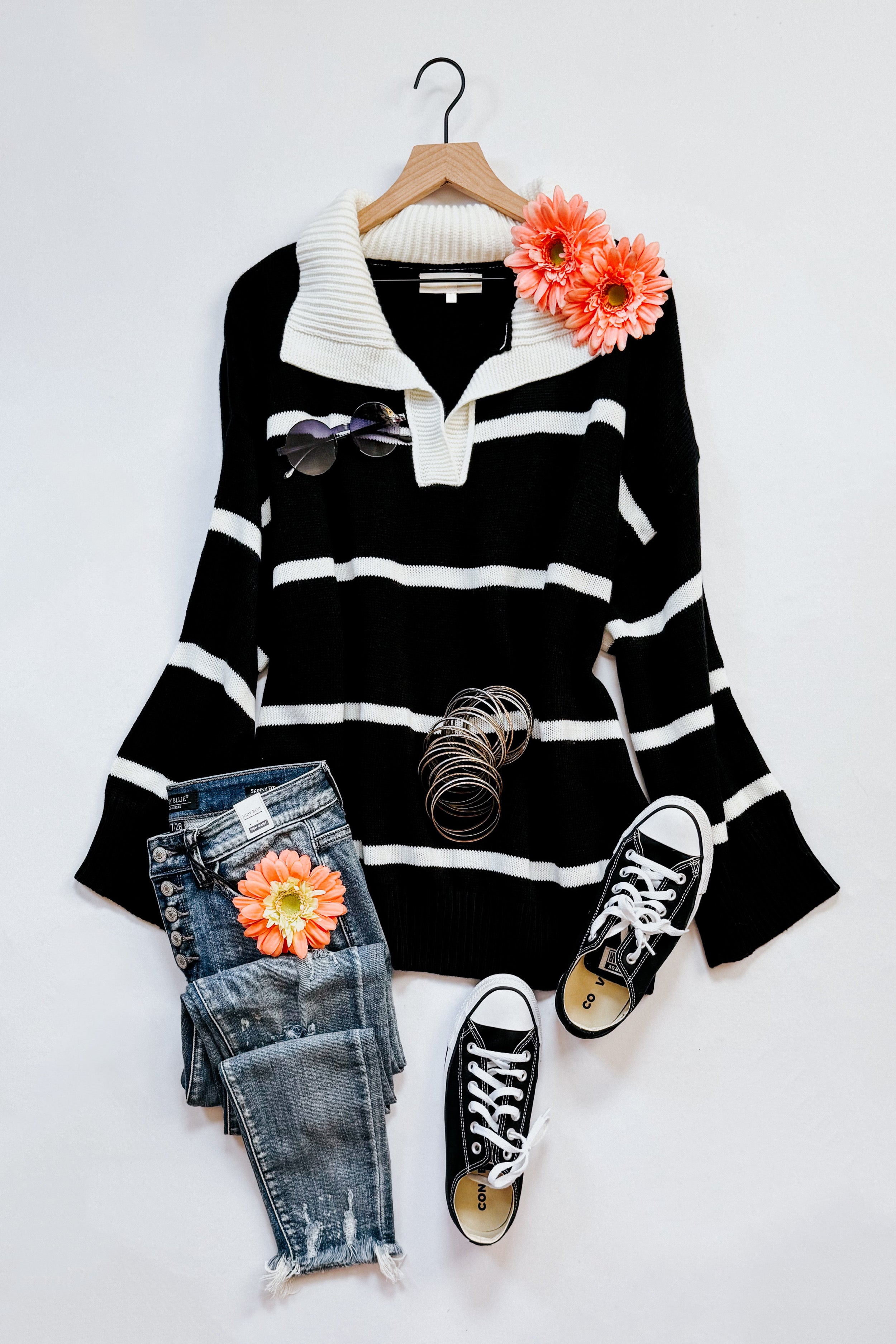 Makes You Wonder Striped Collared Sweater • Black