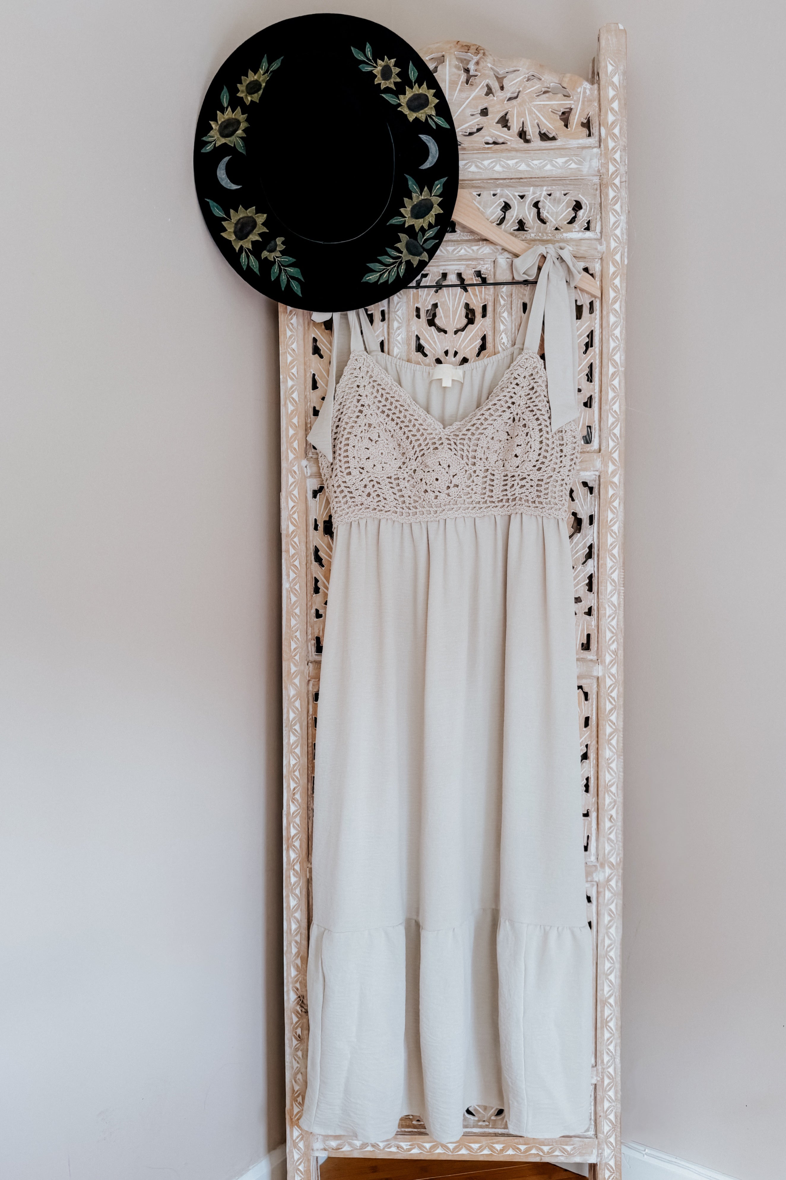 Feeling Your Best Crochet Lace Babydoll Midi Dress • Oatmeal