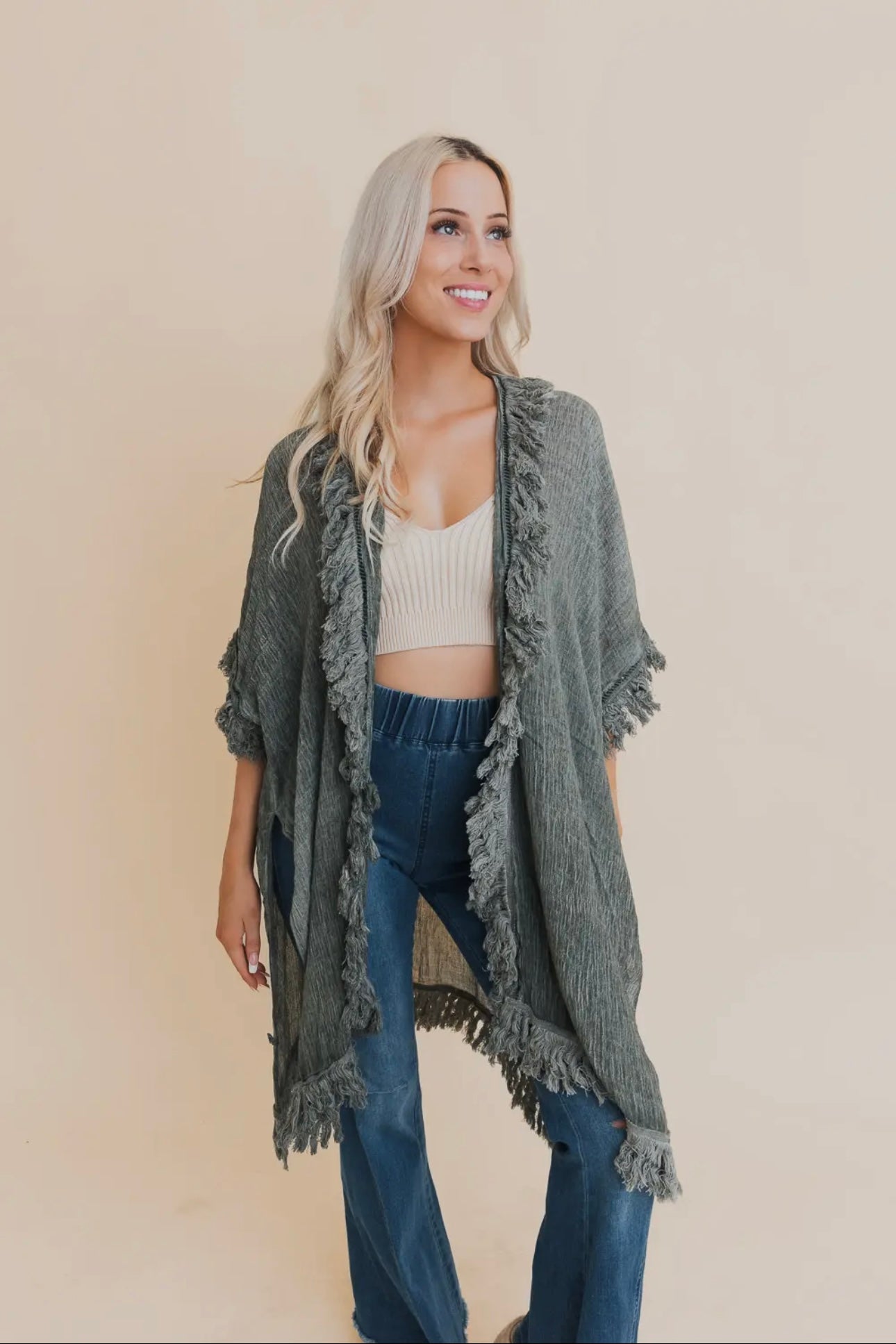 Mayze Sunbleached Fringe Duster • Olive