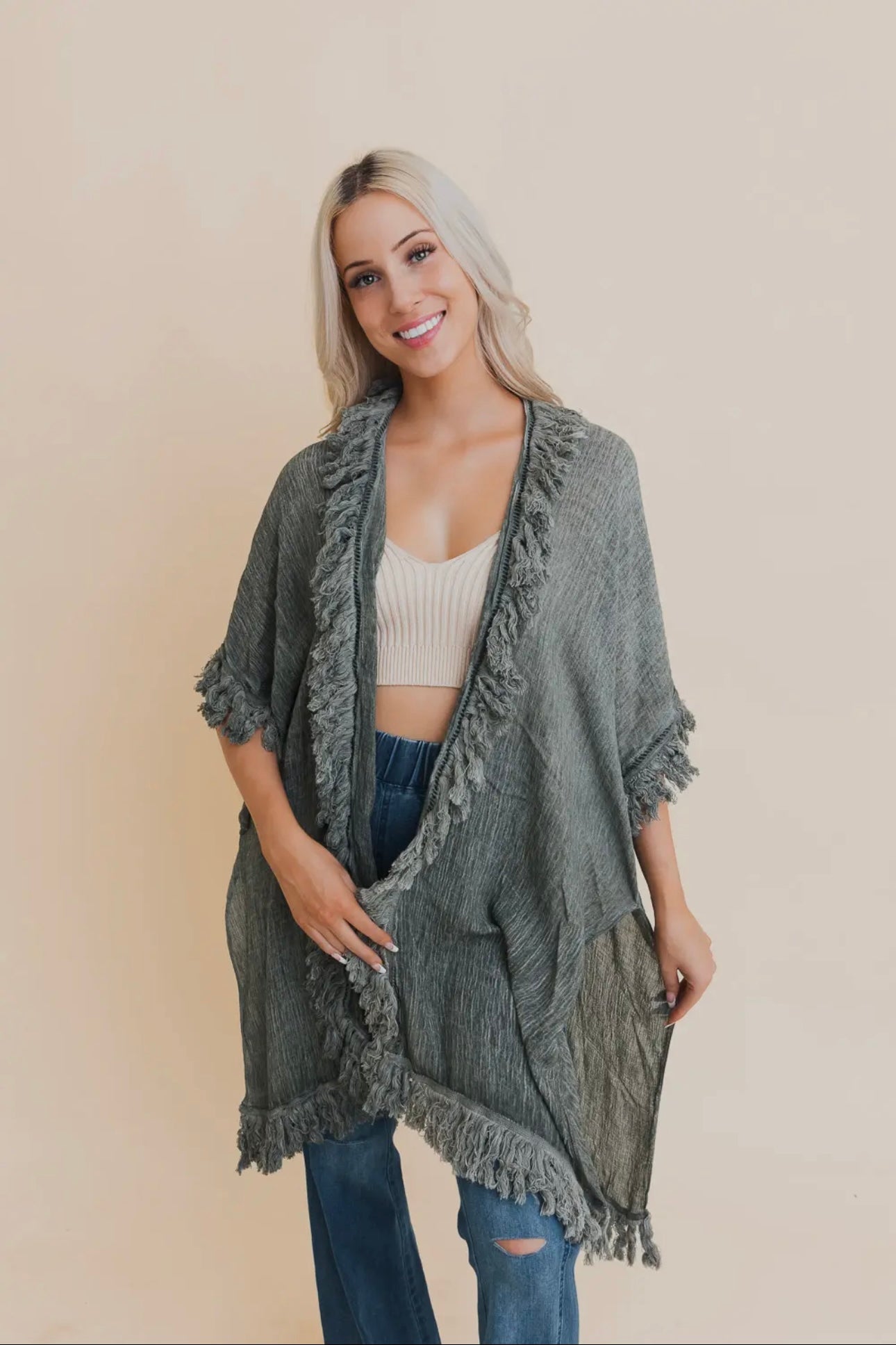 Mayze Sunbleached Fringe Duster • Olive