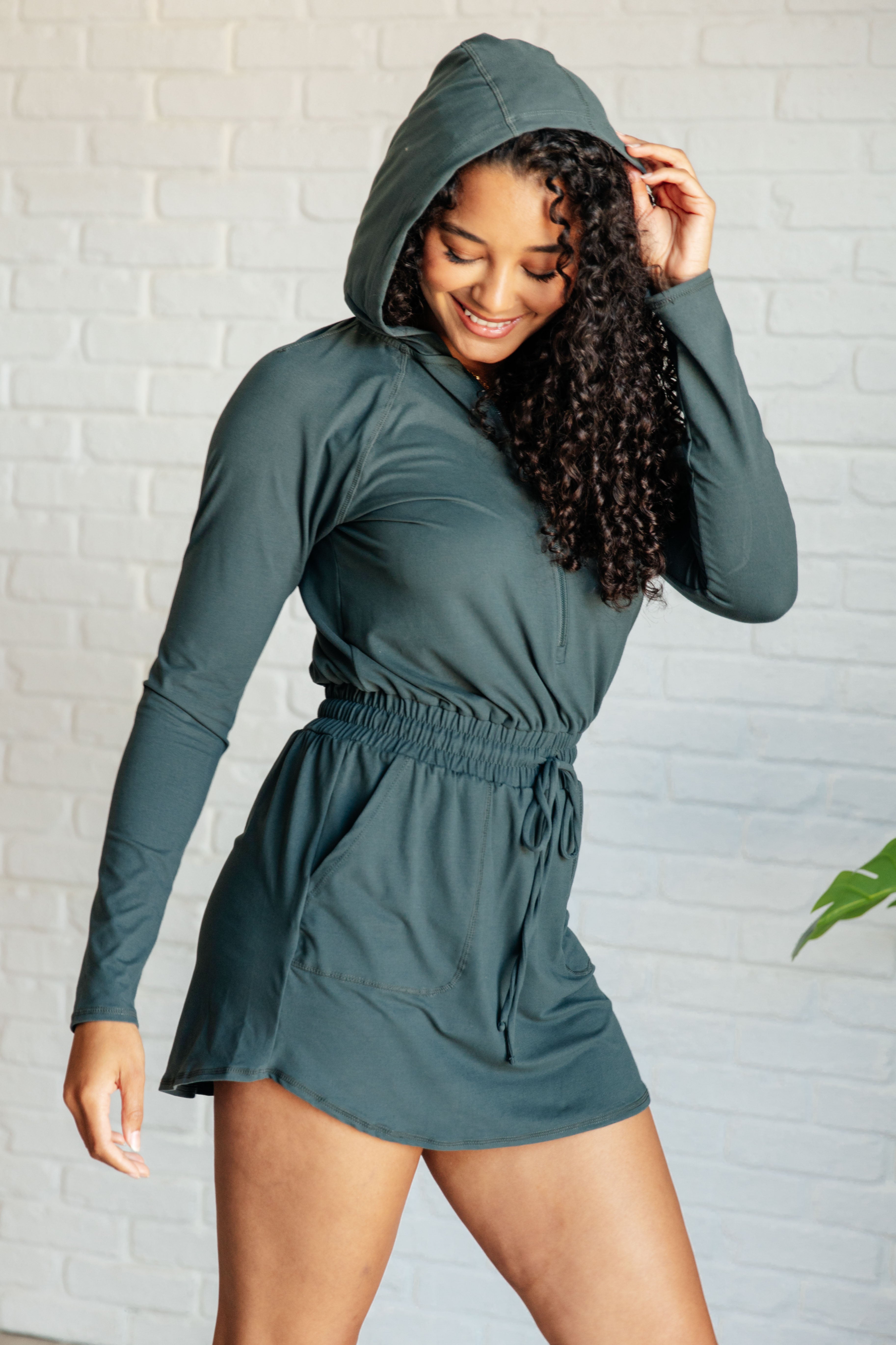 Getting Out Long Sleeve Hoodie Romper • Smoked Spruce