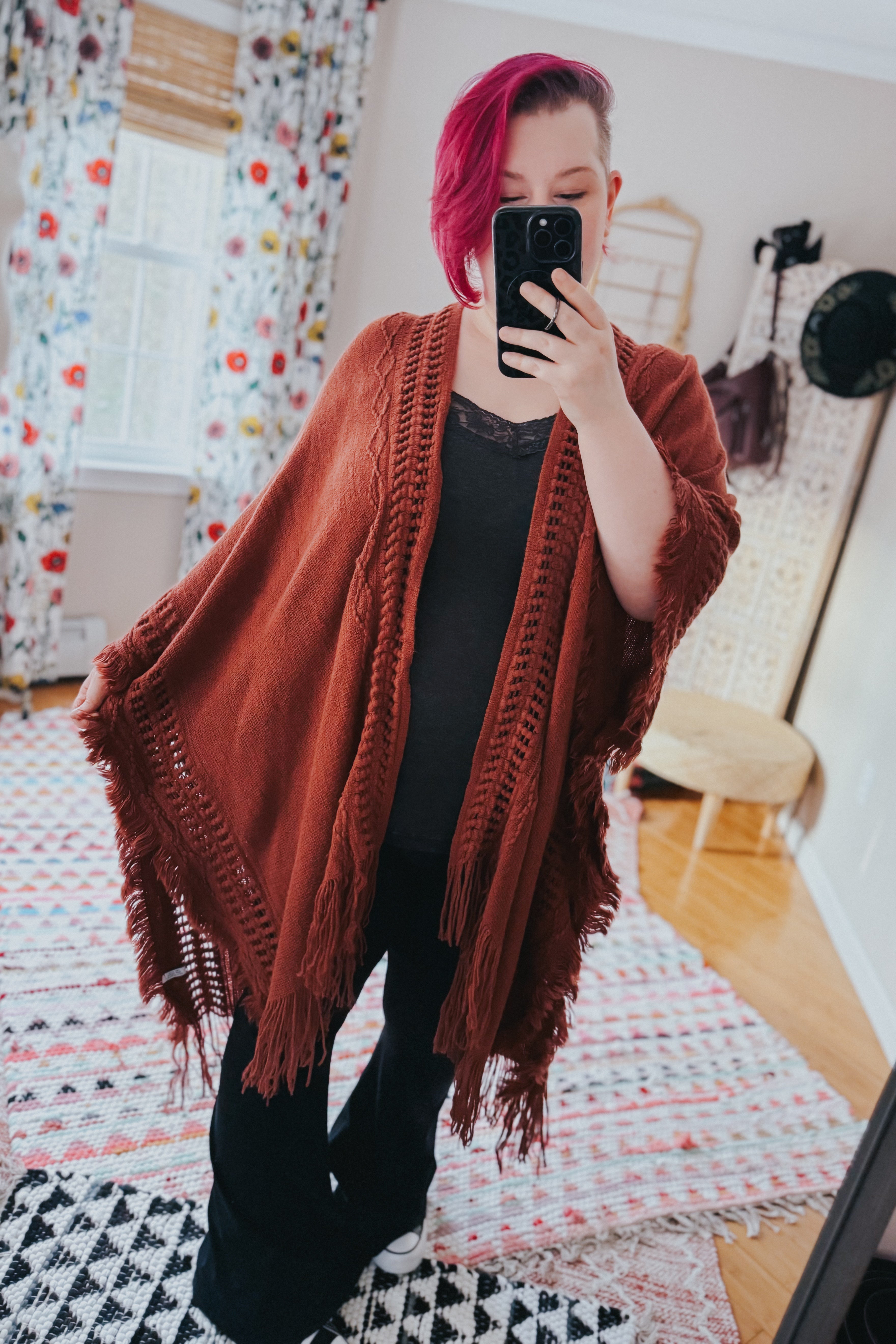 Faye Frayed Border Bohemian Ruana • Rust