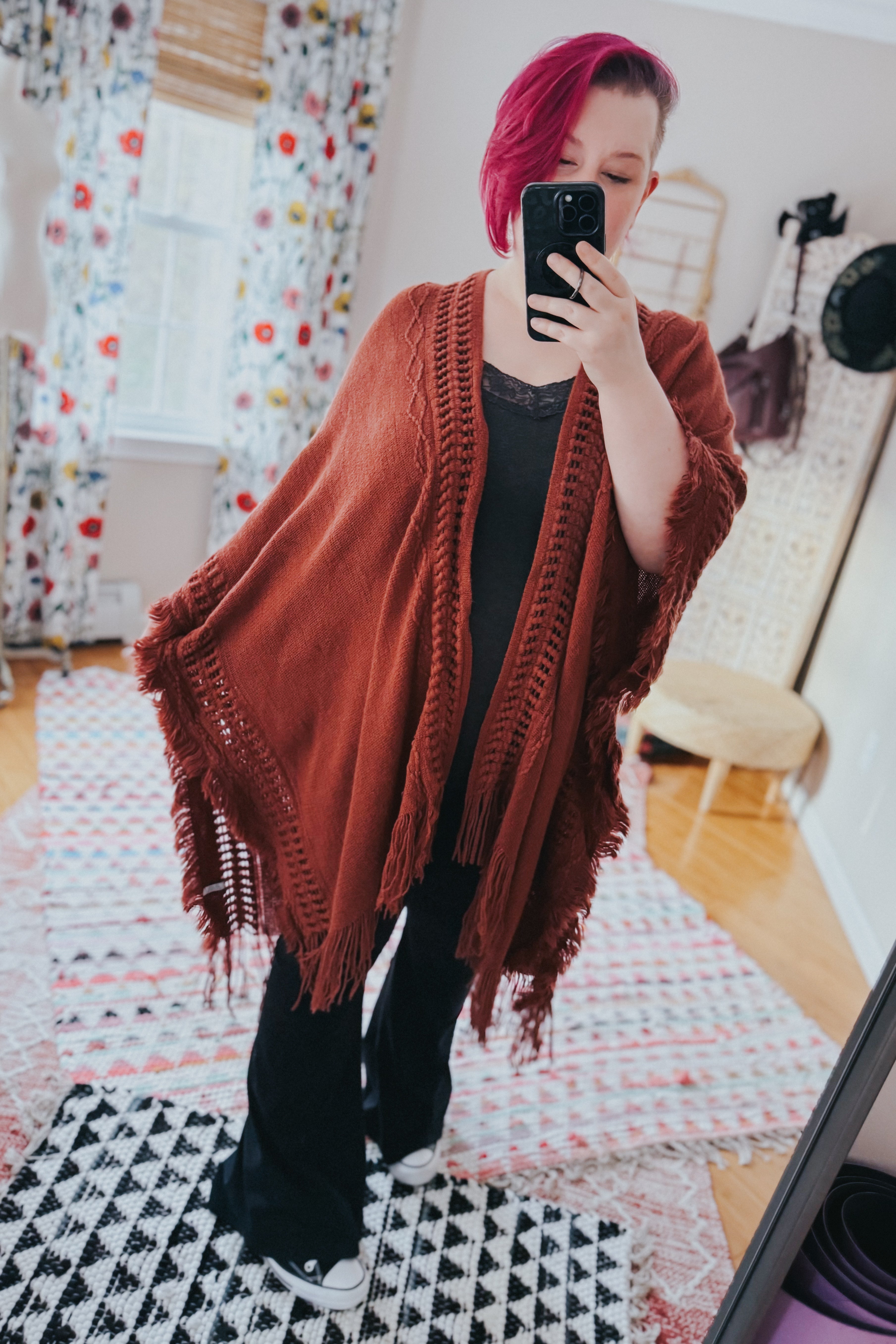 Faye Frayed Border Bohemian Ruana • Rust