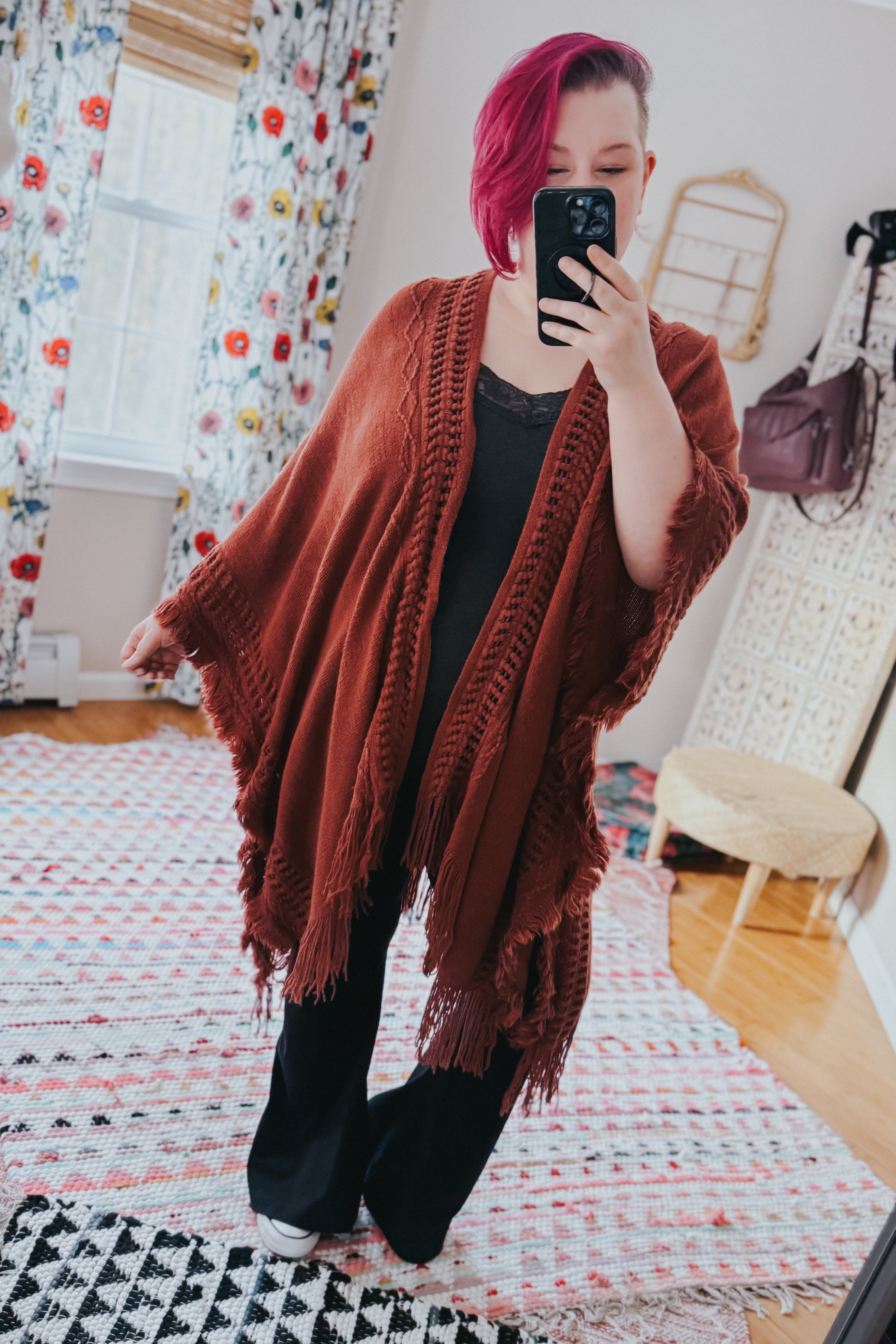 Faye Frayed Border Bohemian Ruana • Rust