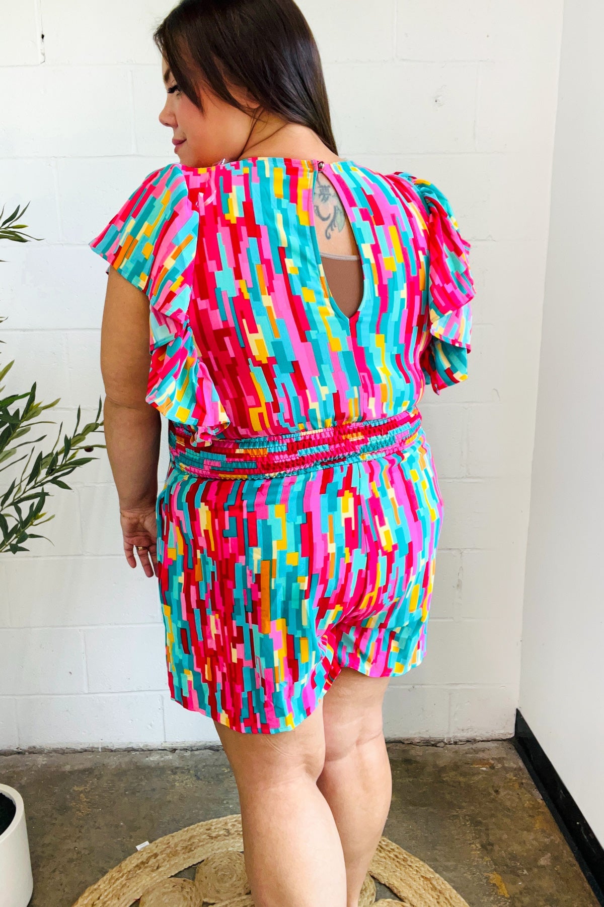 Finding My Bold Abstract Print Smocked Waist Flutter Sleeve Romper