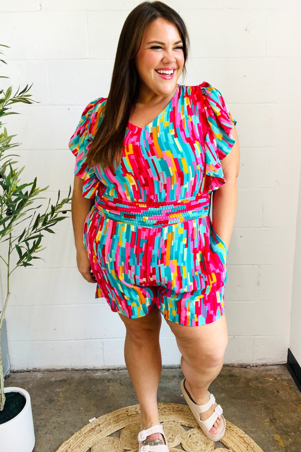 Finding My Bold Abstract Print Smocked Waist Flutter Sleeve Romper