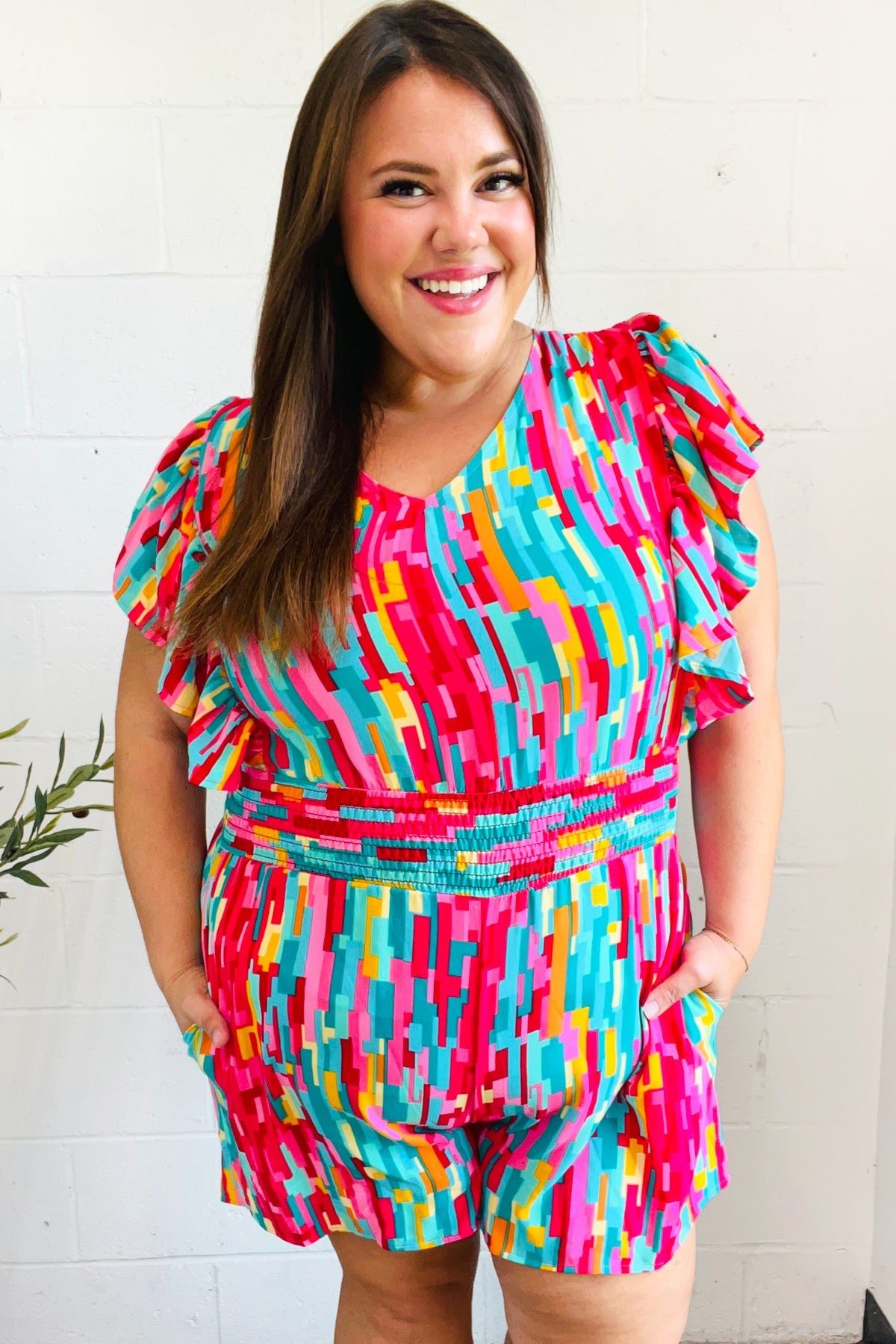 Finding My Bold Abstract Print Smocked Waist Flutter Sleeve Romper