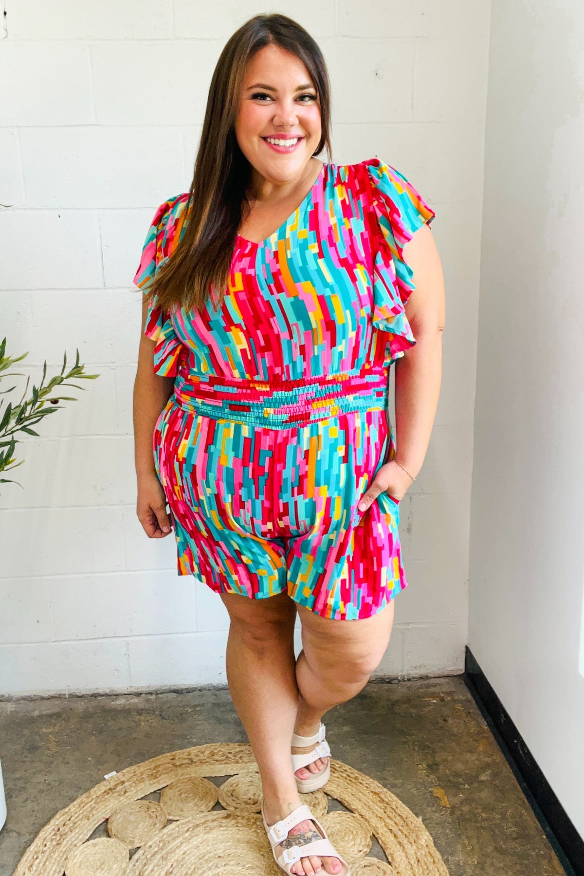 Finding My Bold Abstract Print Smocked Waist Flutter Sleeve Romper