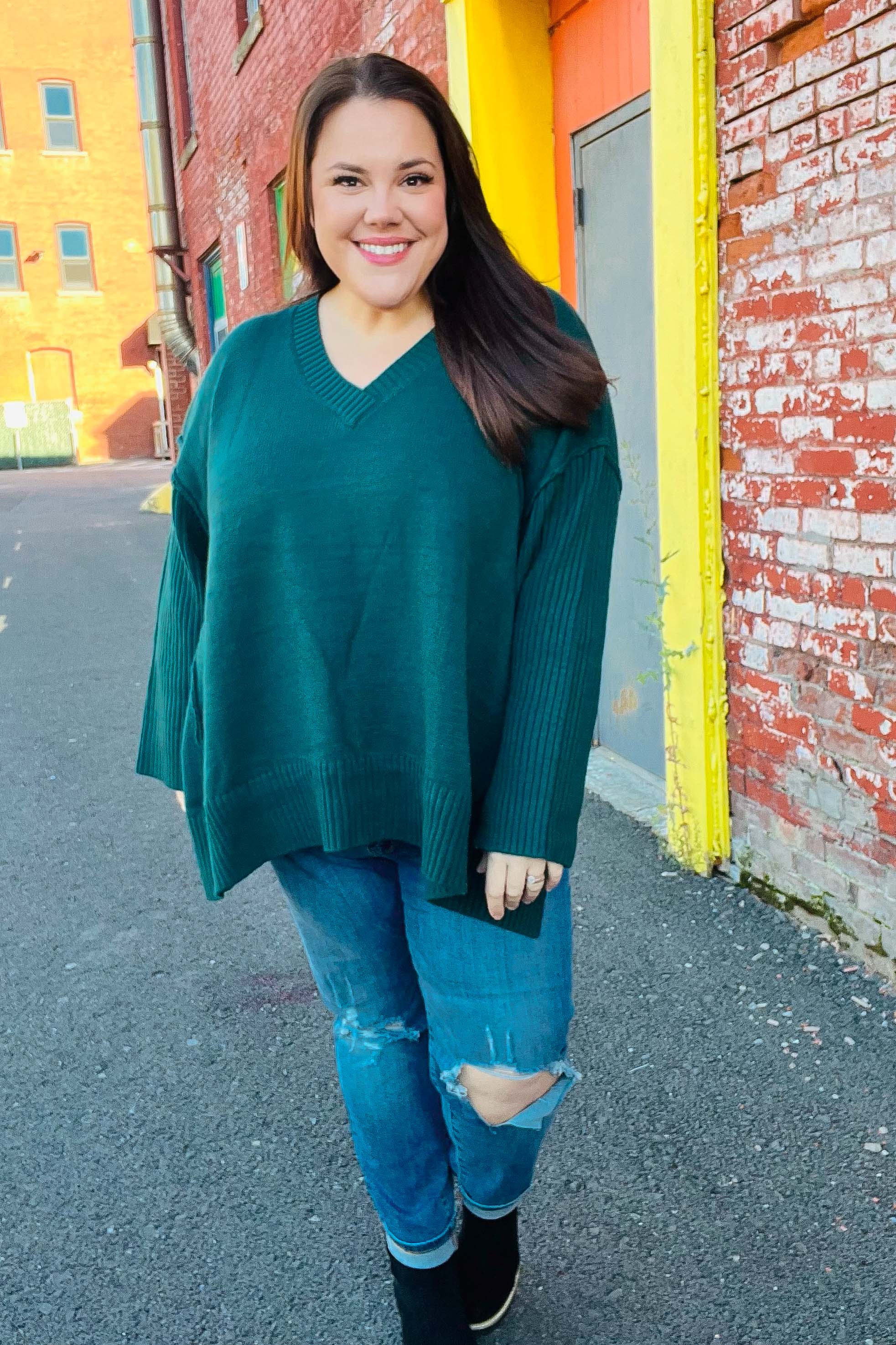 Daydream V Neck Rib Knit Sweater • Green