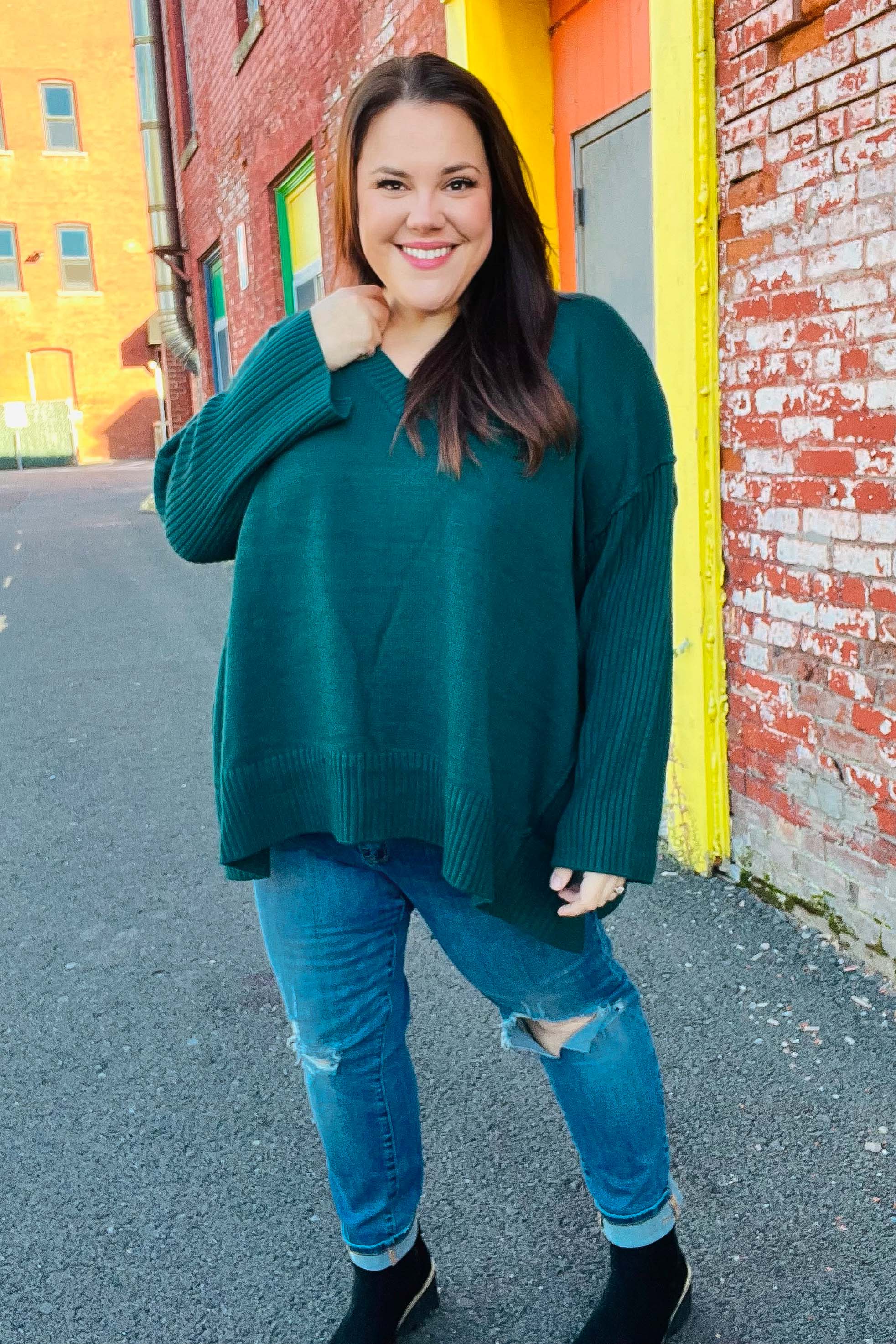 Daydream V Neck Rib Knit Sweater • Green