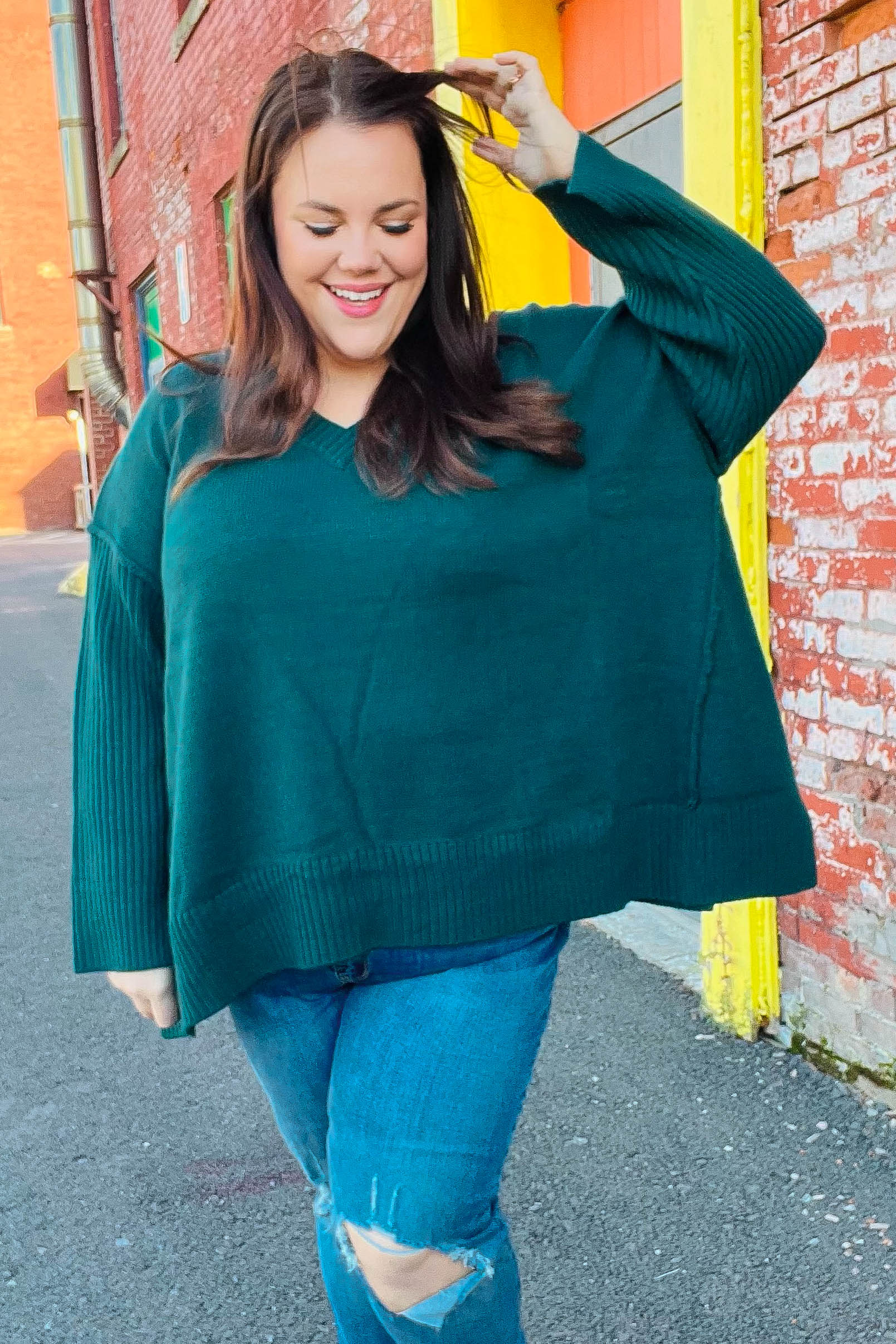 Daydream V Neck Rib Knit Sweater • Green